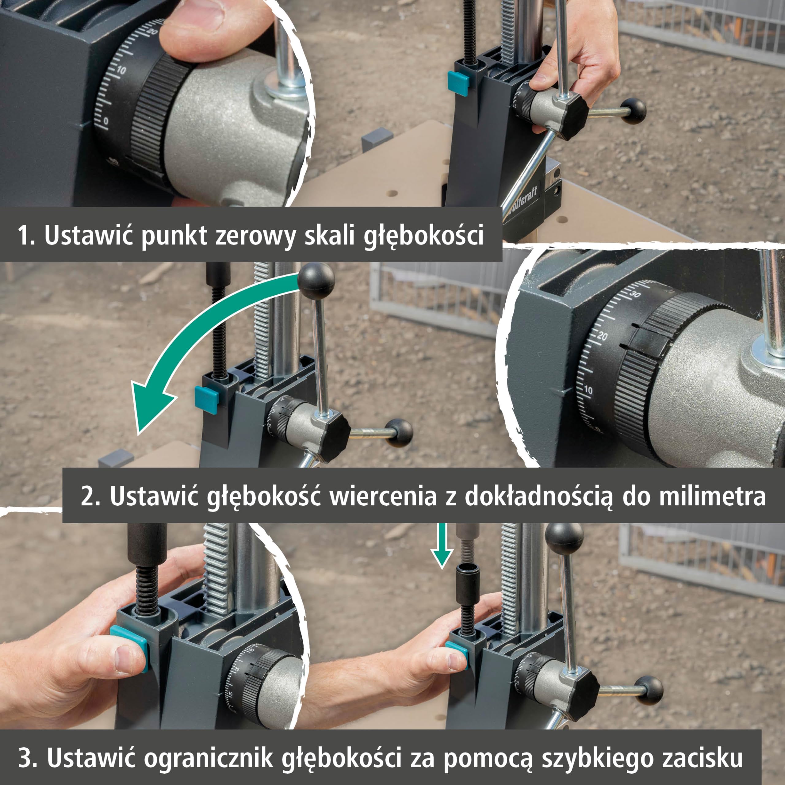 wolfcraft Stojak wiertarski PRO – wytrzymałe rozwiązanie do kontrolowanego, ograniczonego głębokości wiercenia – idealny do prac seryjnych – wysięg 130 mm i skok 80 mm – 5029000