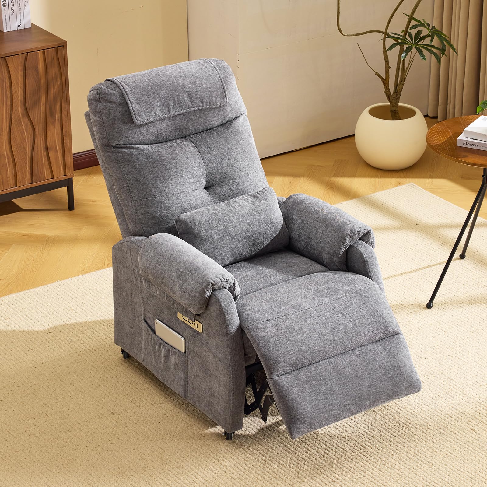 Bonnlo Fauteuil Massant, Fauteuil de Relaxation avec 6 Points de Massage et Chauffage, Dossier et Repose-Pieds Réglable Automatiquement, Équipé d'un Appui-tête et Un Coussin, Gris Foncé, Tissu