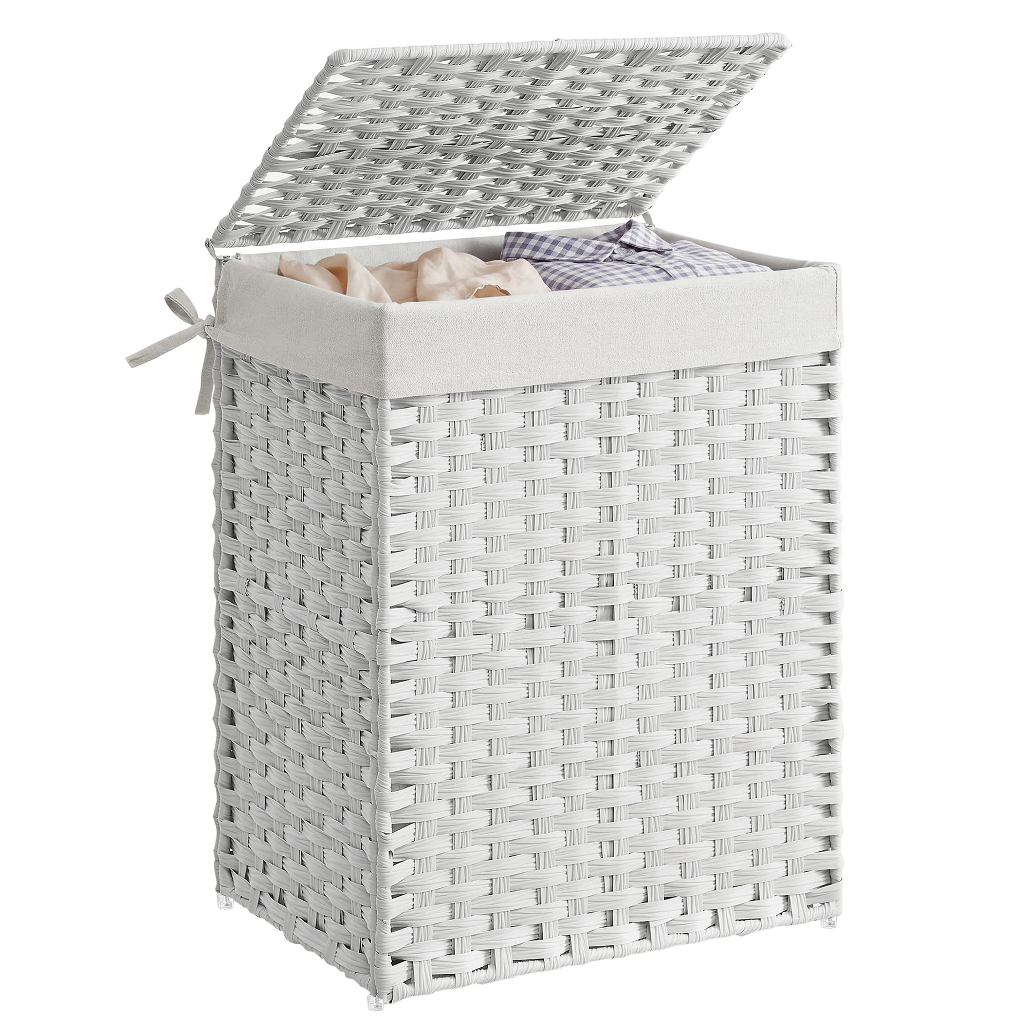 SONGMICS Handwoven Laundry Basket, 90L Synthetic Rattan Clothes Hamper with Lid and Handles, Foldable, Removable Liner Bag, White LCB51WT
