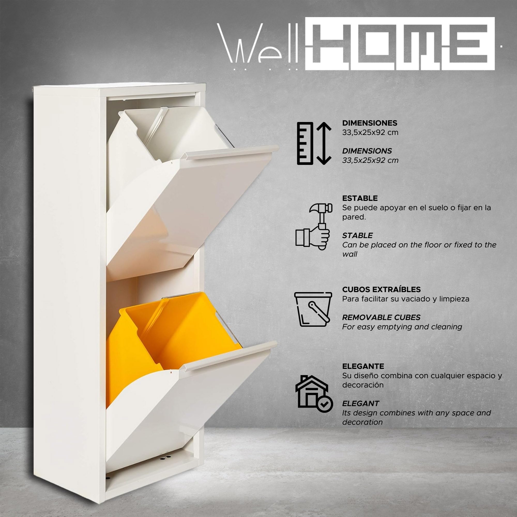 WELL HOME MOBILIARIO & DECORACIÓN Pattumiera e pattumiera metallica con 2 scomparti, 2 x 17 l (34 L) Bianco opaco