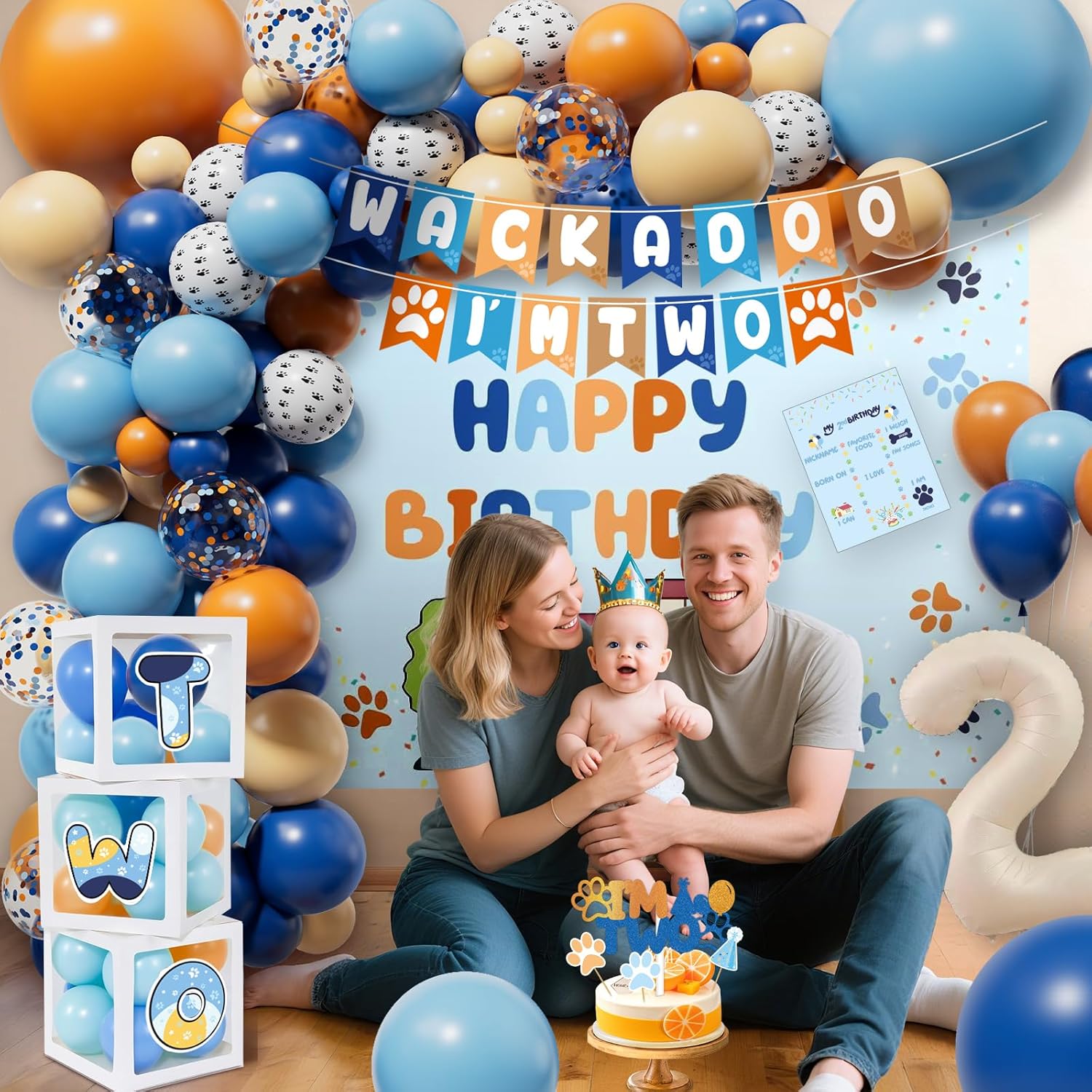 Blue Dog 2nd Birthday Party Supplies Blue & Orange Themed Second Birthday Decorations Backdrop Balloons Arch Box High Chair Banner Bday Party Idea for Baby Boys|Girls