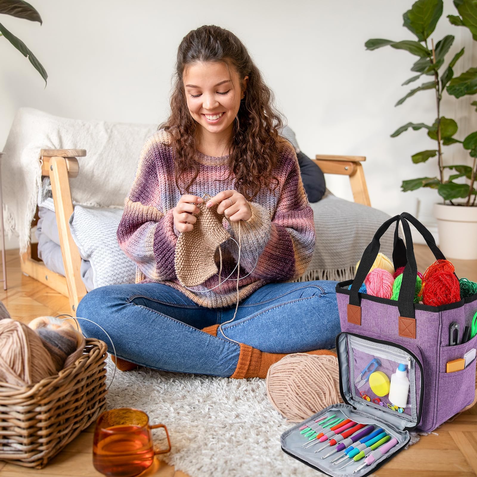 Sac De Rangement Pour Laine Et Crochet - Nylon Avec PVC, Poches Multiples, œillets Pour Fils - Portable Pour Tricot Nomade