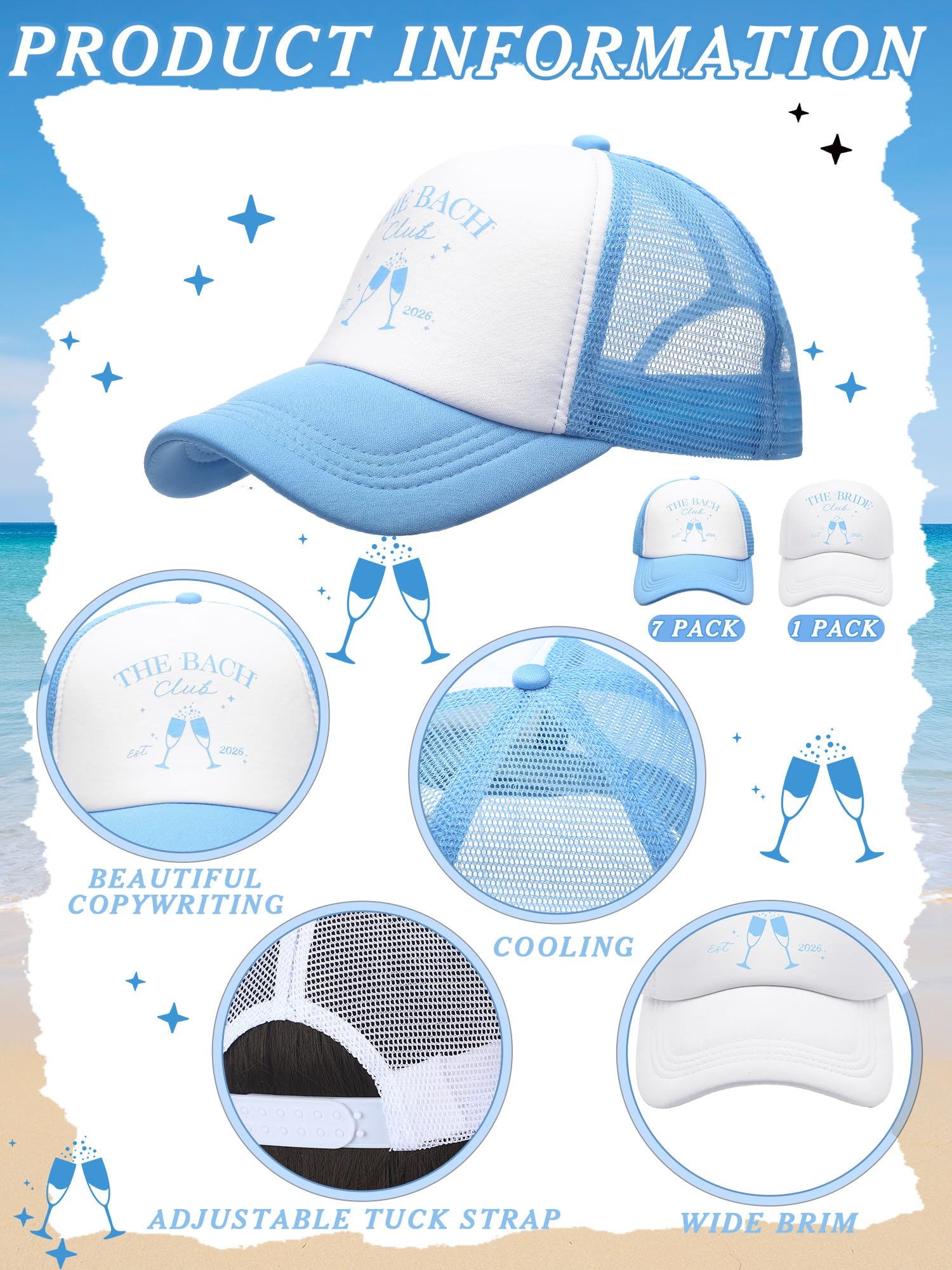 Shyyween Paquete de 8 sombreros de despedida de soltera del club social que incluye 1 gorra de novia y 7 gorras de camionero The Bach Club