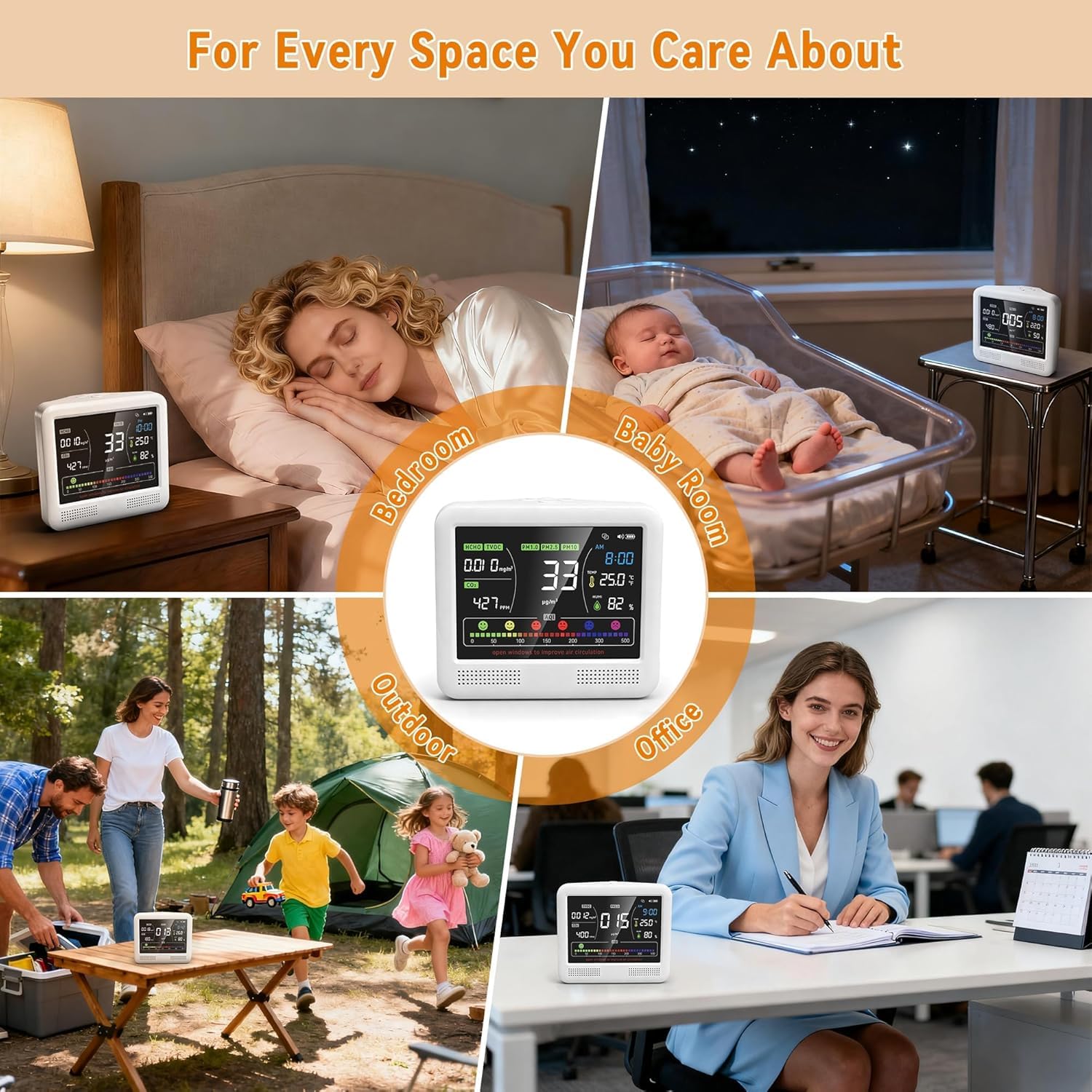 Monitor profesional de calidad del aire interior 16 en 1 con alertas de AQI de 7 niveles, batería de 10 horas de CO2 de alta precisión, PM1.0/2.5/10, HCHO, TVOC, medidor de temperatura y humedad para