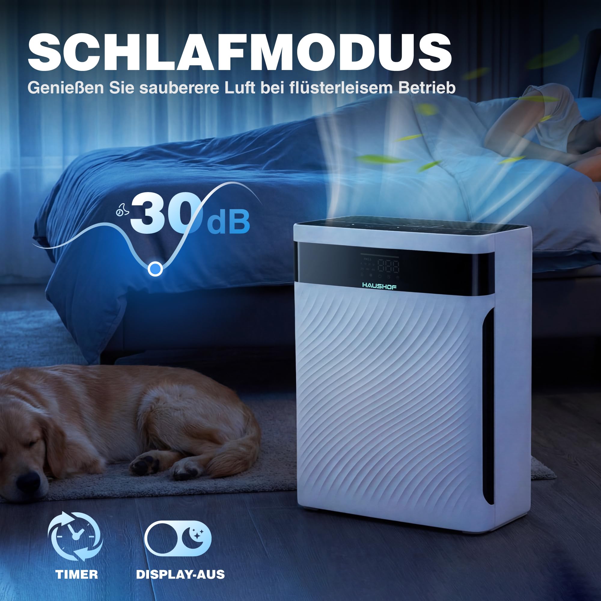 HAUSHOF Luftreiniger Allergiker mit HEPA Luftfilter entfernt 99,97% Partikel wie Staub, Pollen, Tierhaare, CADR 250 m³/h, PM2.5 LED-Anzeige, mit Haustier-Modus, 30dB Schlafmodus, Aromatherapie