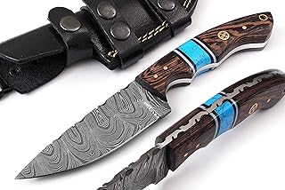 AA KNIVES 8.75” Handmade Damascus Hunting Knife with Leather Sheath - Fixed Blade Knife with Turquoise & Wang Wood Handle – Ideal for Skinning, Camping and Outdoor - Generic