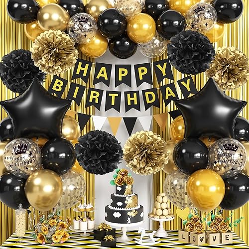 Decoraciones de cumpleaños negras y doradas, globos de cumpleaños de confeti de aluminio negro dorado, globo de papel de aluminio negro, pancarta de