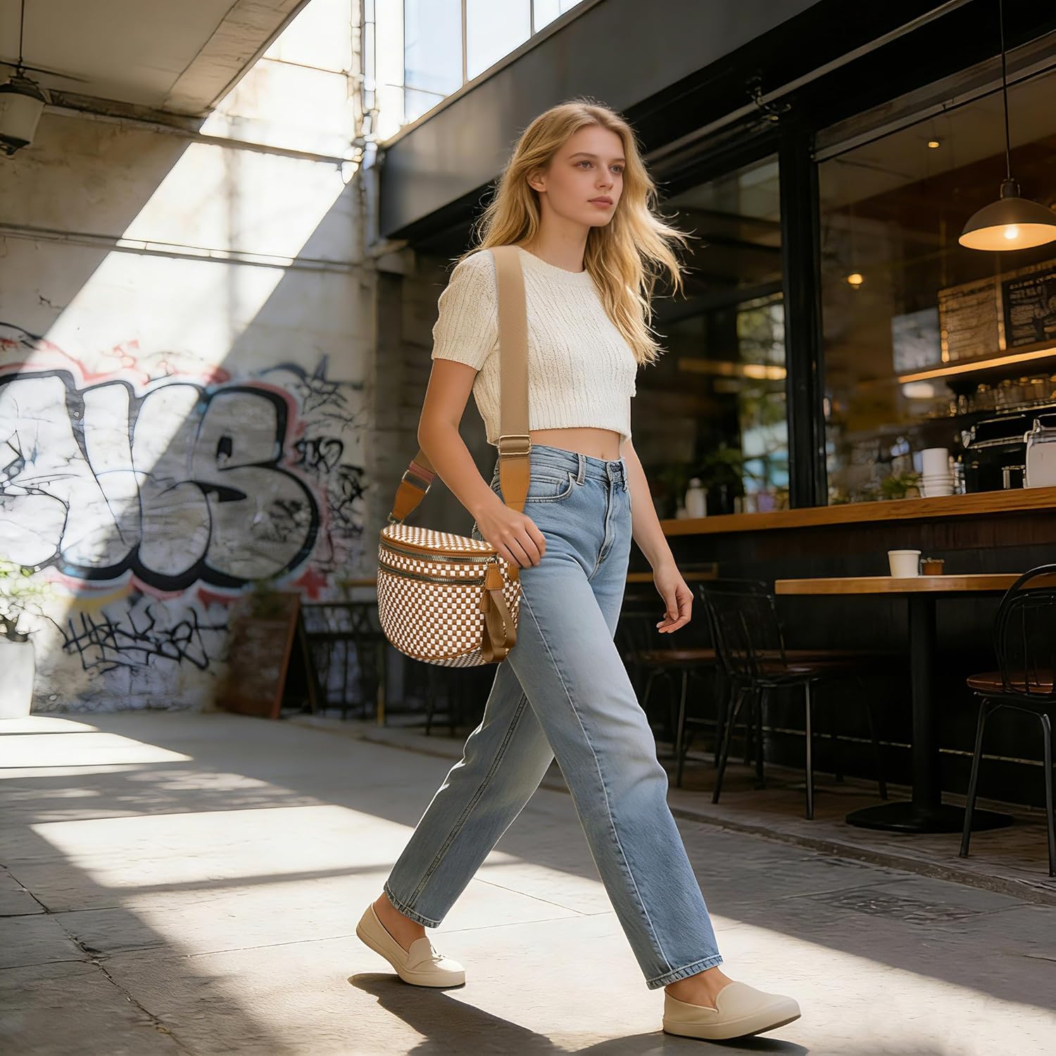 Woven Crossbody Bum Bags for women Fashion Leather Fanny Packs checkered Waist Bag Adjustable Strap Double Zip Chest Bag for Travel - Image 4