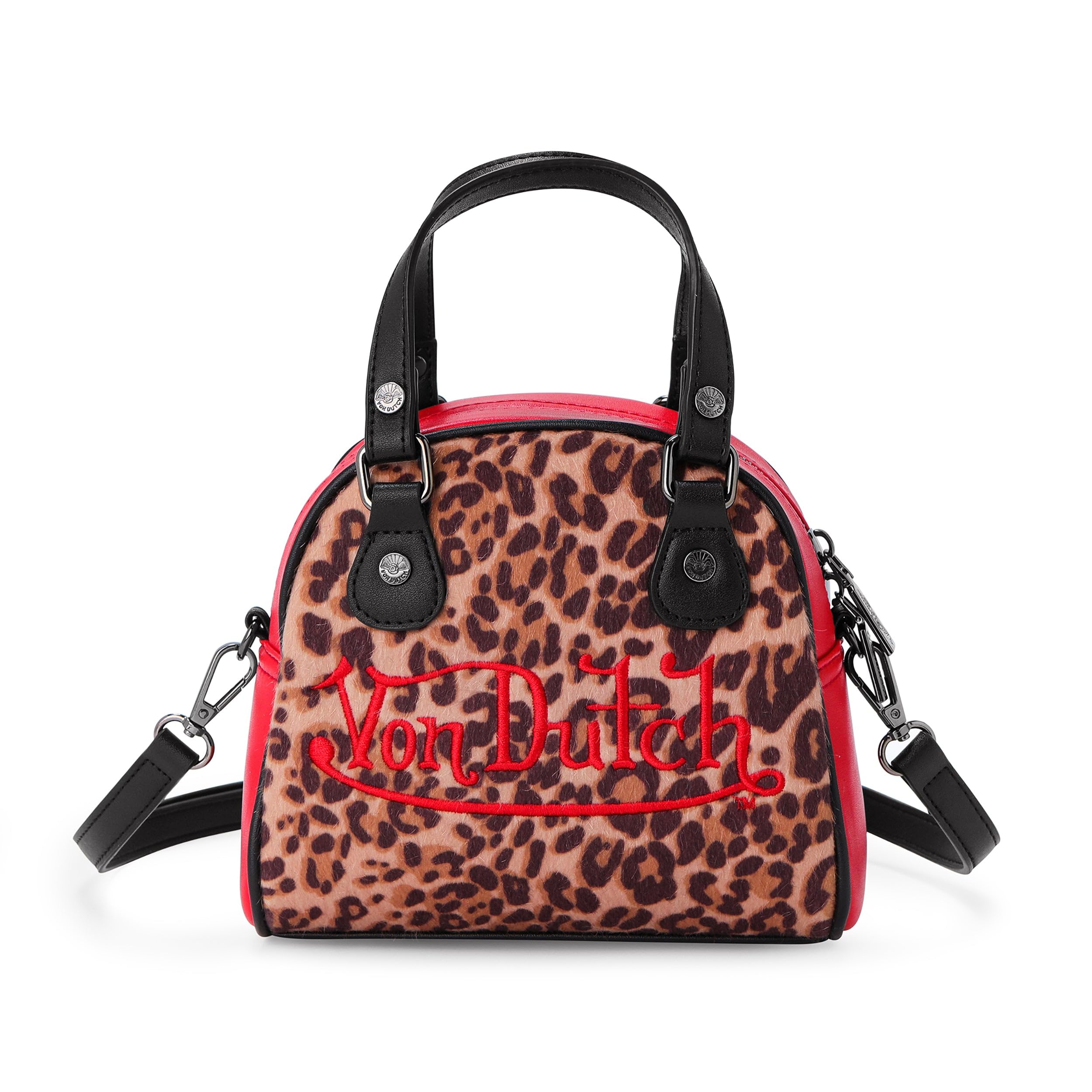 Von Dutch Womens Animal Print Bowling Bag Purse - Stylish Women's Handbag with Adjustable Strap, Spacious Interior, and Iconic Logo Design (Red Leopard)