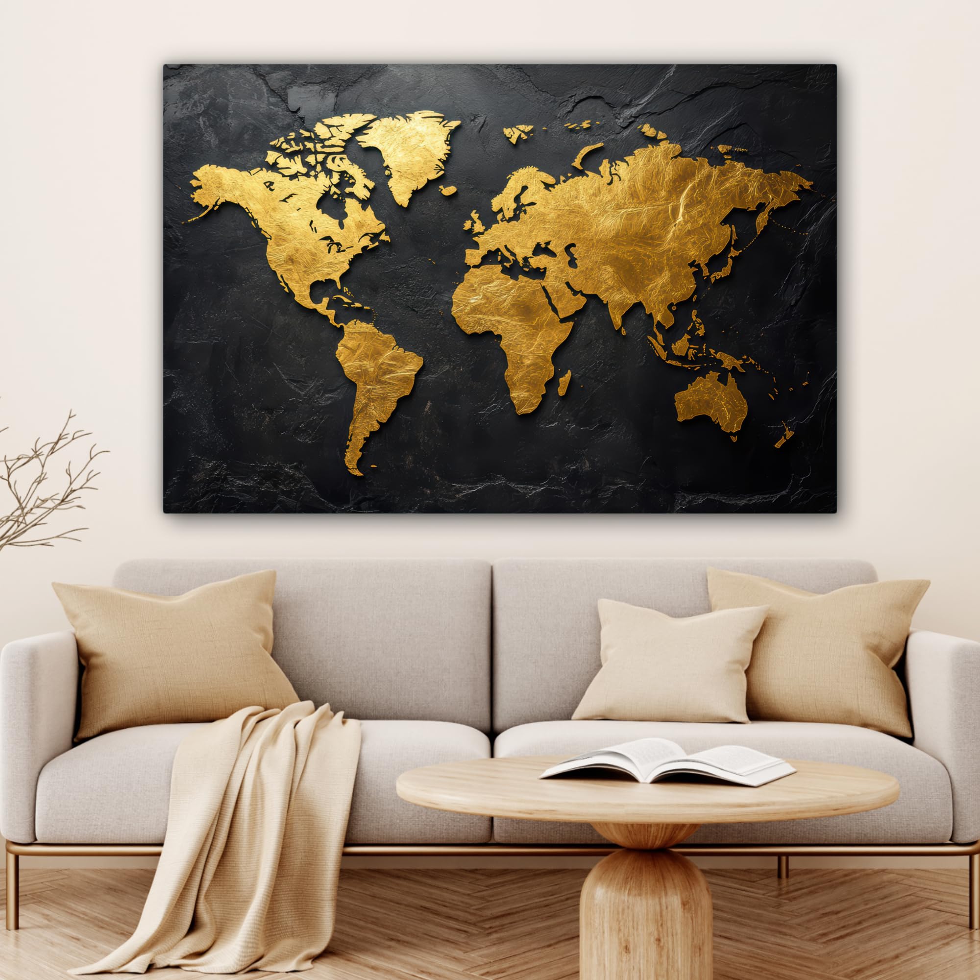 MuchoWow© Impression sur Toile Decoration Murale Peinture 120x80 cm Tableaux Decoratifs Muraux Déco Chambre Tableau Salon Carte du Monde - Or - Pierre
