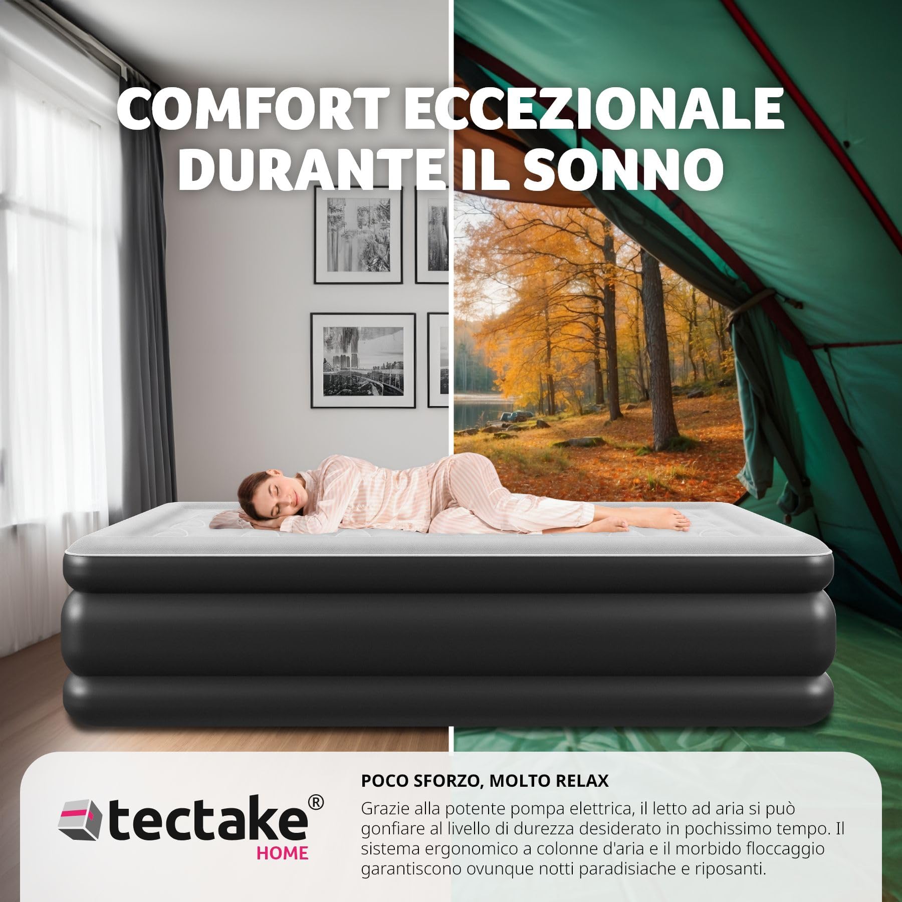 tectake® Materasso Gonfiabile AirDreams, Autogonfiabile con Pompa Elettrica, Singolo e Matrimoniale, Letto Gonfiabile, Viaggi e Campeggio, Comfort e Supporto, Facile da Trasportare - 200 x 101 x 44 cm