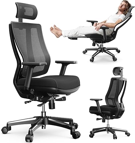 Silla de oficina ergonómica con reposapiés, reposacabezas ajustable y reposabrazos 3D, cojín de espuma viscoelástica para largas horas, cómodo