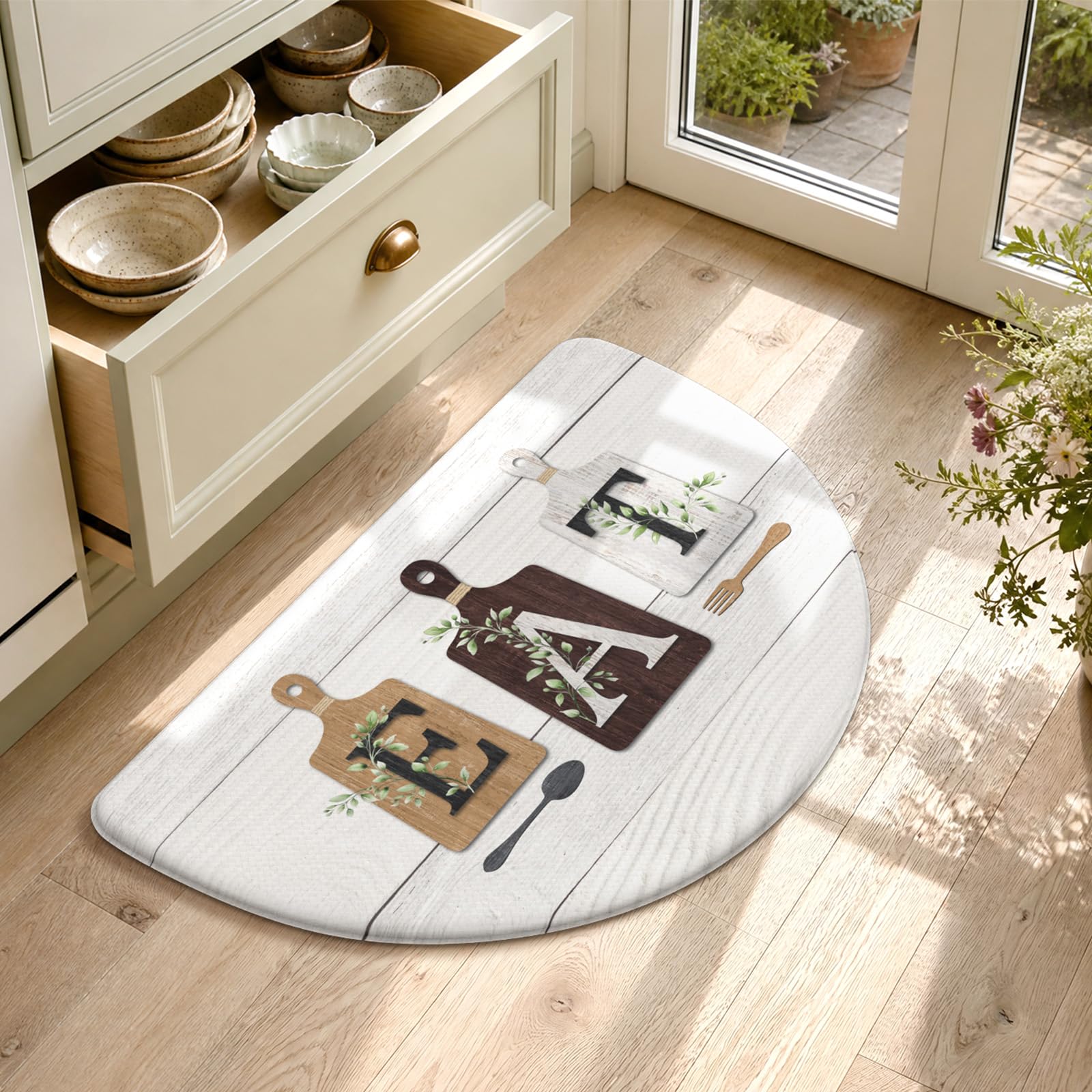 KIMODE Tappetini da cucina a semicerchio, imbottiti, anti-affaticamento, vintage, in stile country, antiscivolo, impermeabili, ergonomici, in memory foam, comodi, colore marrone, per lavello