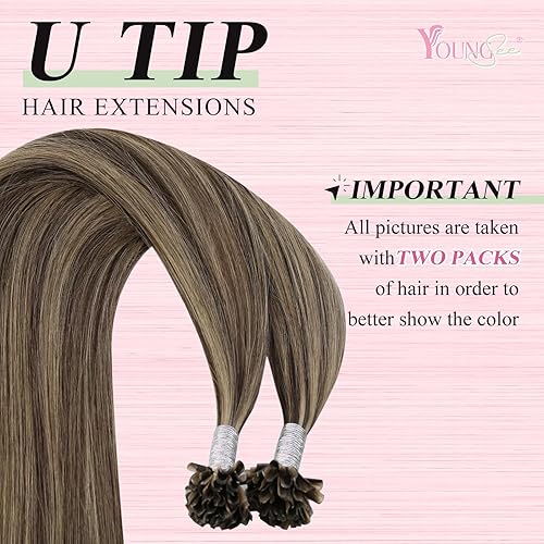 Miniatura 2 de YoungSee Extensiones de cabello humano con punta en U, color marrón con reflejos rubios, extensiones de cabello humano real, extensiones de cabello