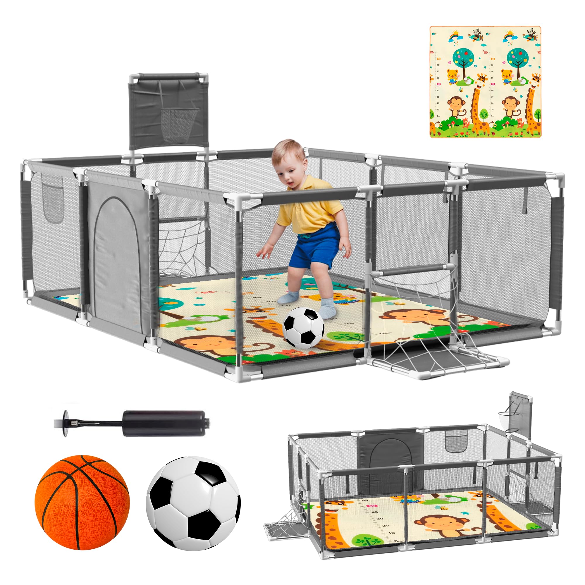 Parque Infantil Bebe + Alfombra de Juego + Pelota de Futbol y Baloncesto - Corralito de Bebé Plegable 180 x 120 x 60cm - Parque de Juegos Bebé Con Malla Transpirable - Centro de Actividades Gris