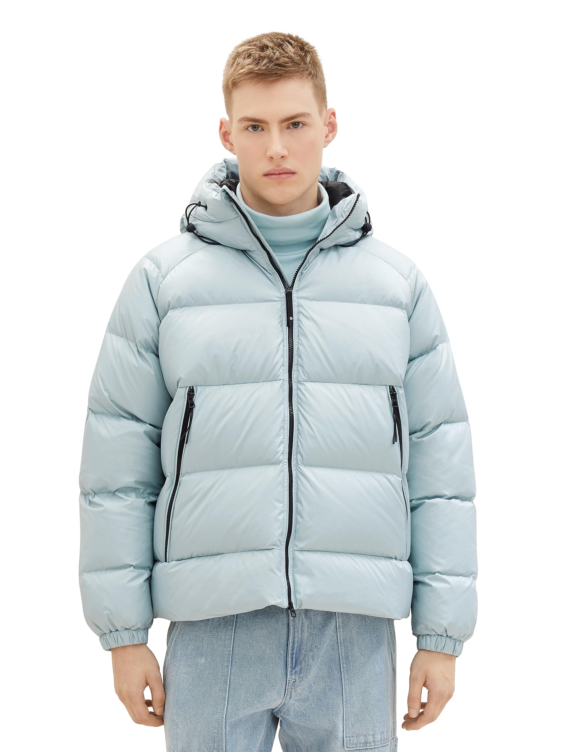TOM TAILOR Denim Men's Relaxed Fit Recycled Down Puffer Jacket with Hood, 30463 - Dusty Mint Blue, XL