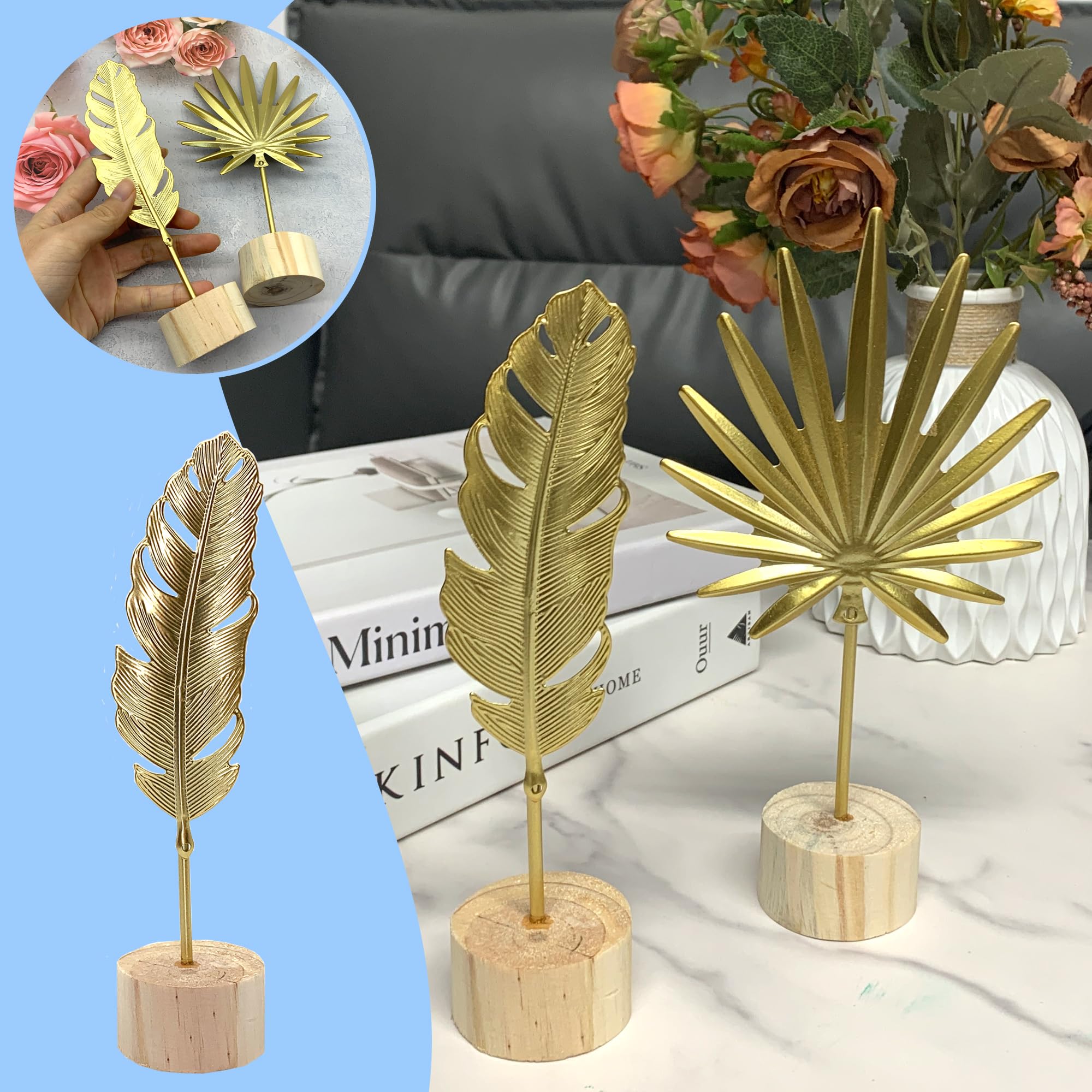 DHER Dekoaufsteller Blume Aus Metall – 2 Stück, Mit Holzfuß, Goldfarben, Für Tischdekoration & Home-Deko