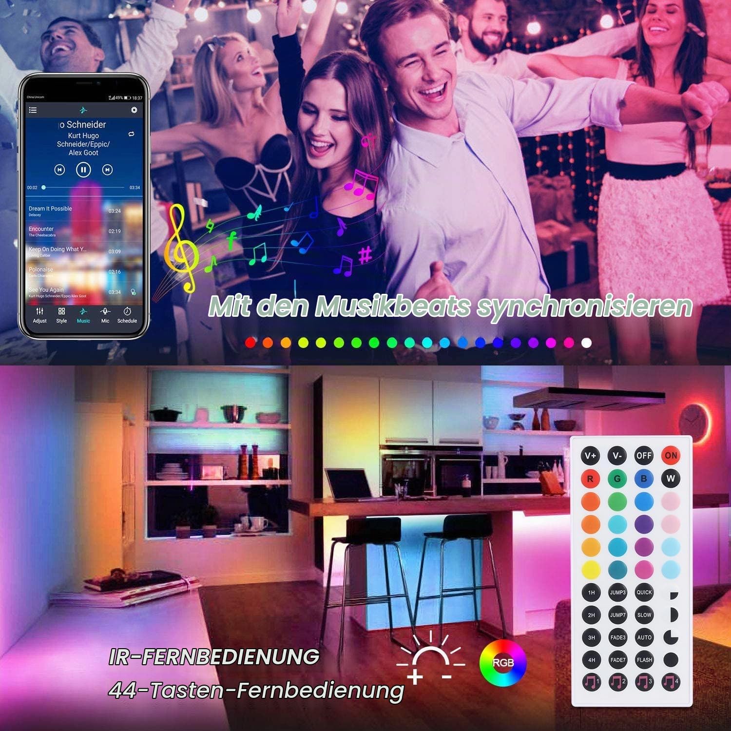 Bluetooth LED Strip 2 * 10M, 60 LED/M 5050 RGB LED Streifen APP Steuerbar Musik Band, Bar, Lichtband Leiste mit Fernbedienung 24V Netzteil für Haus, Raum, Party,Dekoration