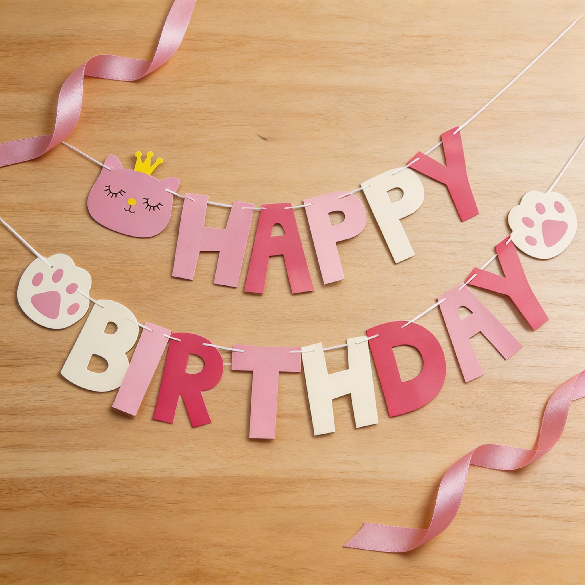 Cat Birthday Decorations, DIY Cat Theme Banner for Adult Party, Thick Cardstock Happy Birthday Banner with Cat Design, Pink White Party Supplies for Home Celebration Decor
