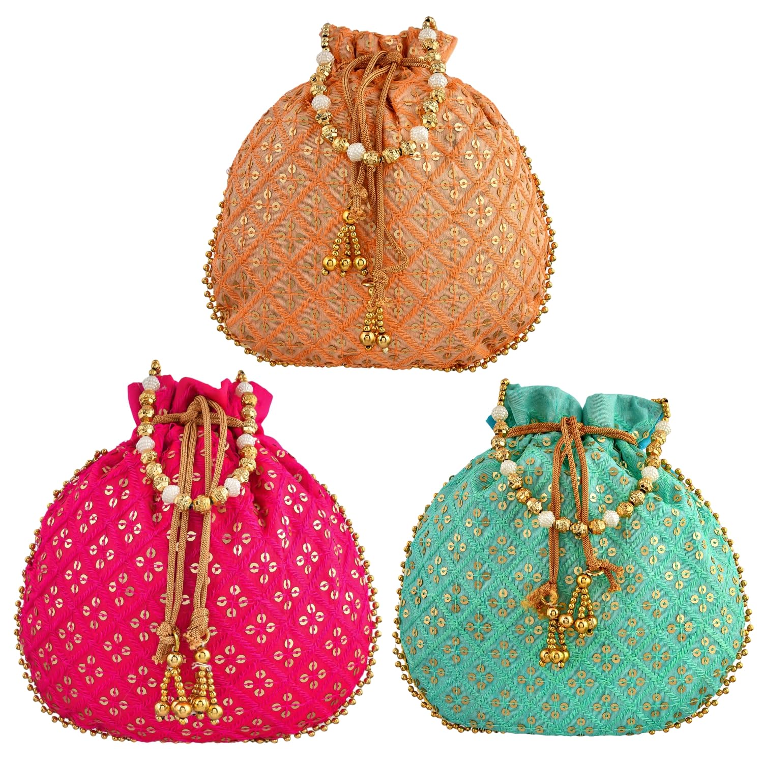 Kuber Industries Potli|Silk Wedding Potli|Drawstring Closure Potli|Wallet Potli|Christmas Gift Potli|Baby Shower Potli|Traditional Shagun Potli|Single Side Sequins-Potli|Pack of 3|Multi (B0CQR8JX64) Amazon Price History, Amazon Price Tracker