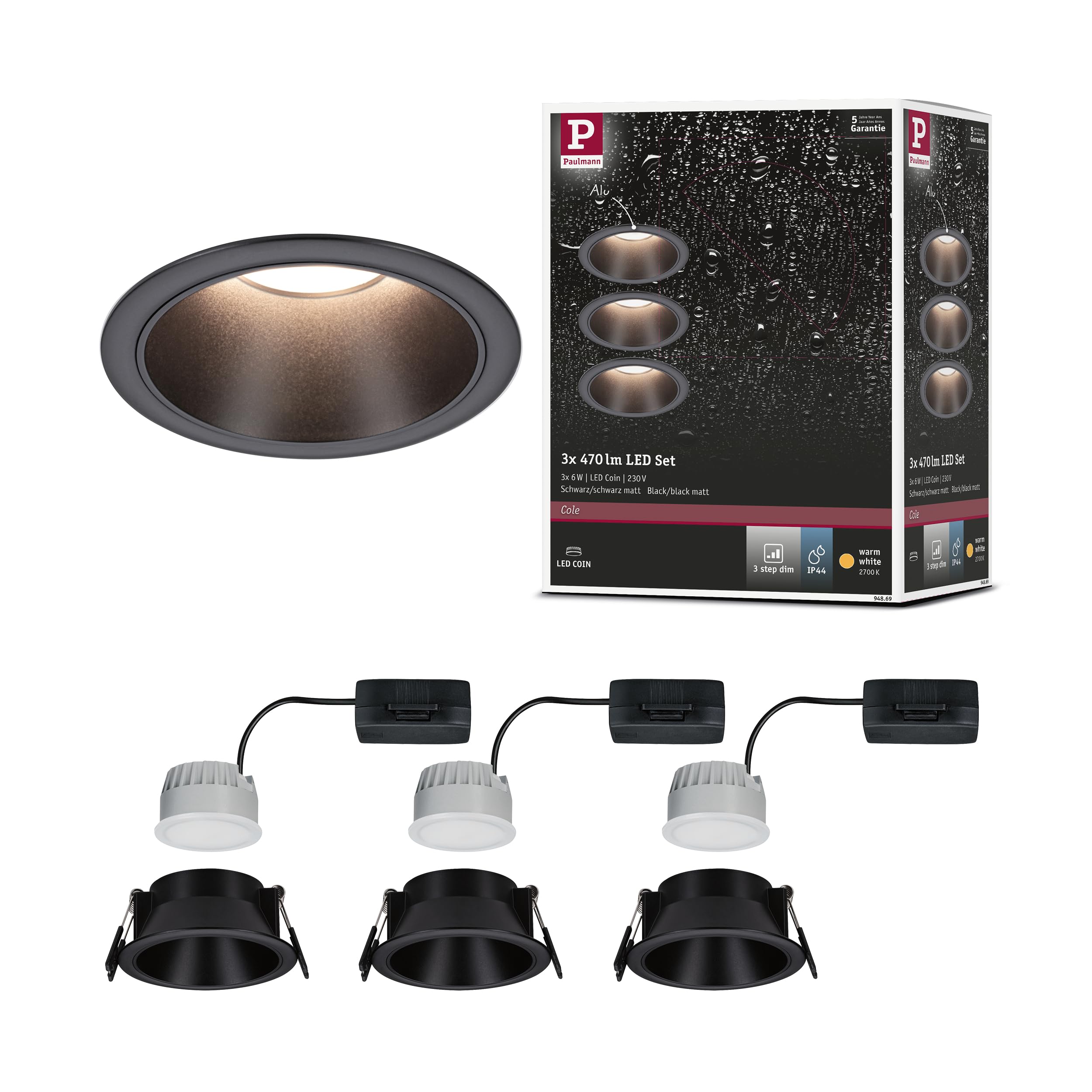 Paulmann 94869 Luminaria empotrable LED 3-Step-Dim Cole set básico juego de 3 uds. IP44 redondo 88 mm Coin 3 x 6 W 3 x 470 lm 230 V 2700 K negro