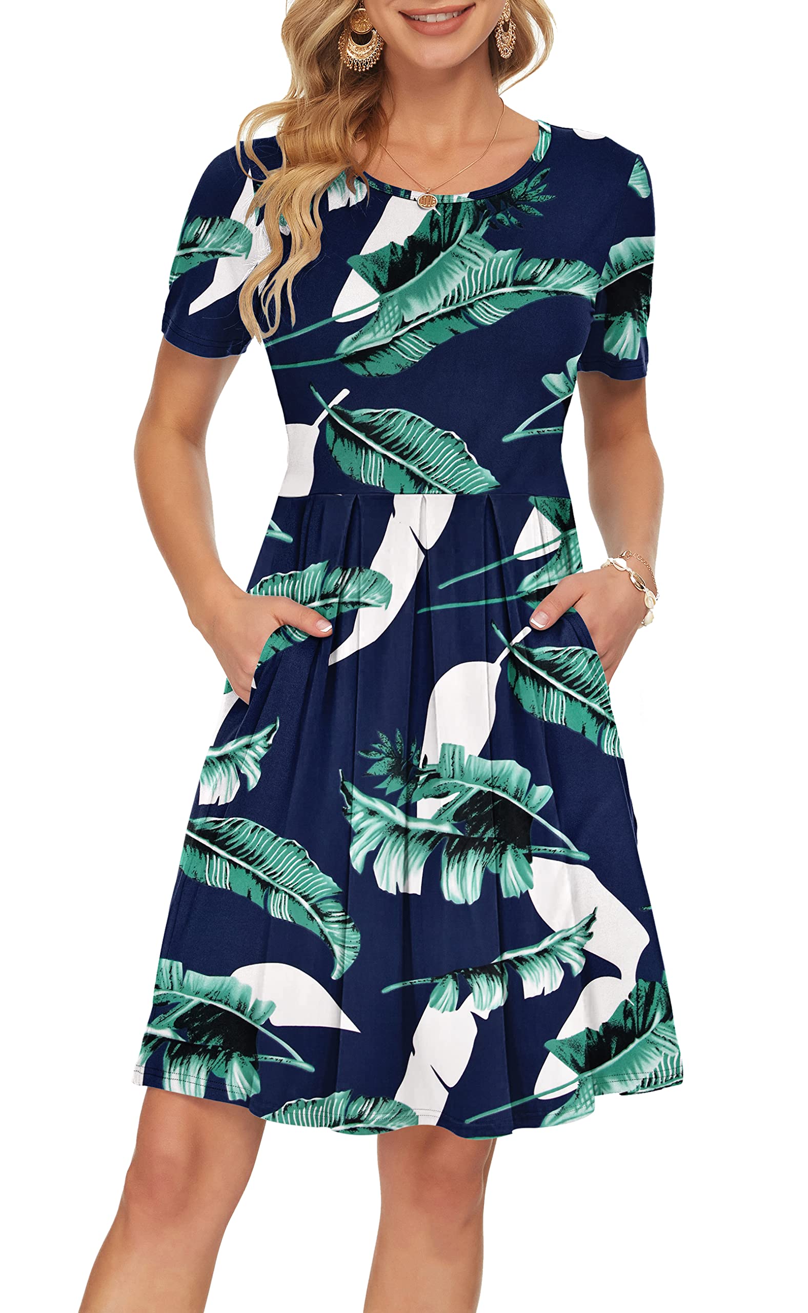 AUSELILY Women's Short Sleeve Pleated Swing Summer Dress with Pockets