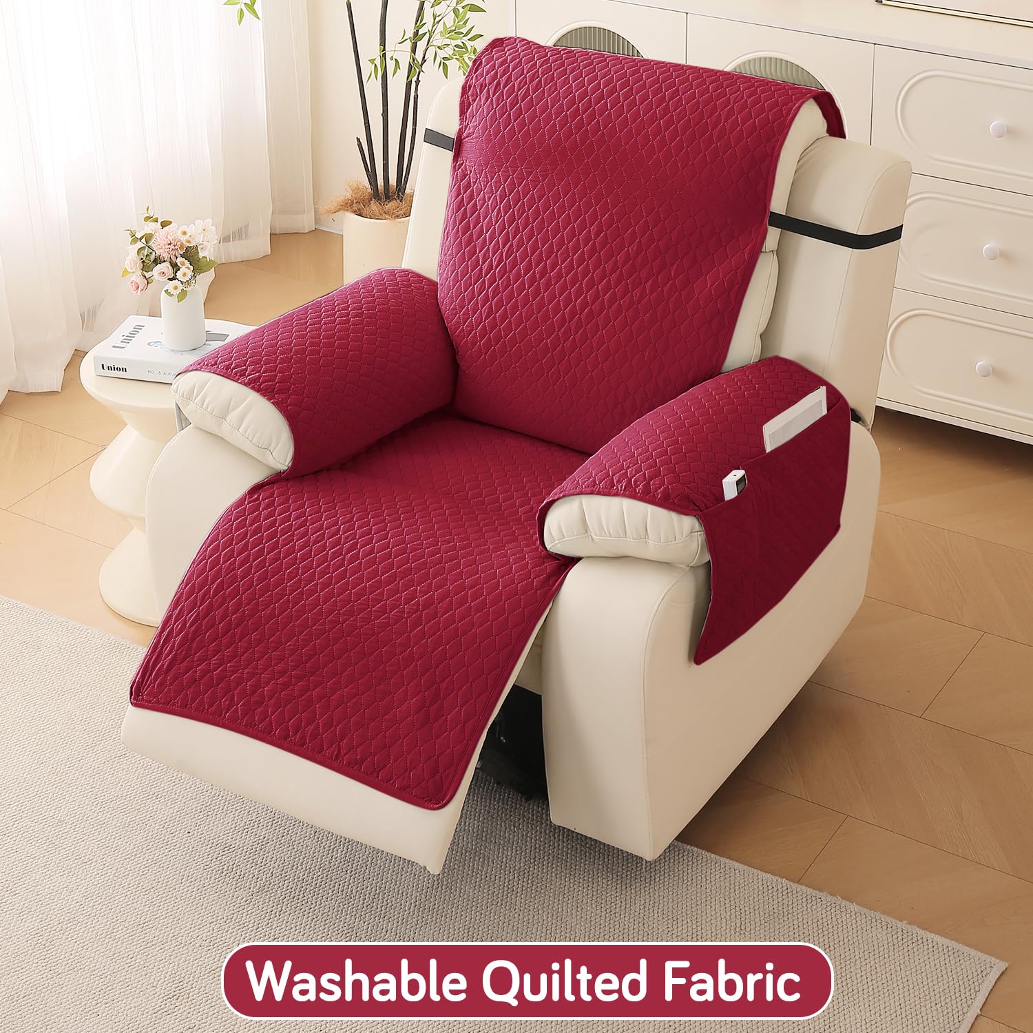 HOKIPO Polyester Quilted Recliner Chair Cover for 1 Seater with Side Pockets, Maroon (NEW-727-MRN) 4