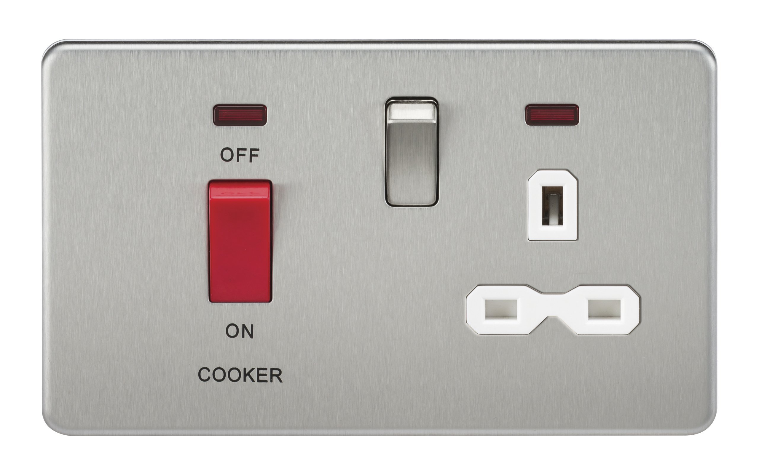 Knightsbridge Brushed Chrome / White Sfr8333nbcw Screwless 45A Dp 13A Switched Socket With Neons-With Insert