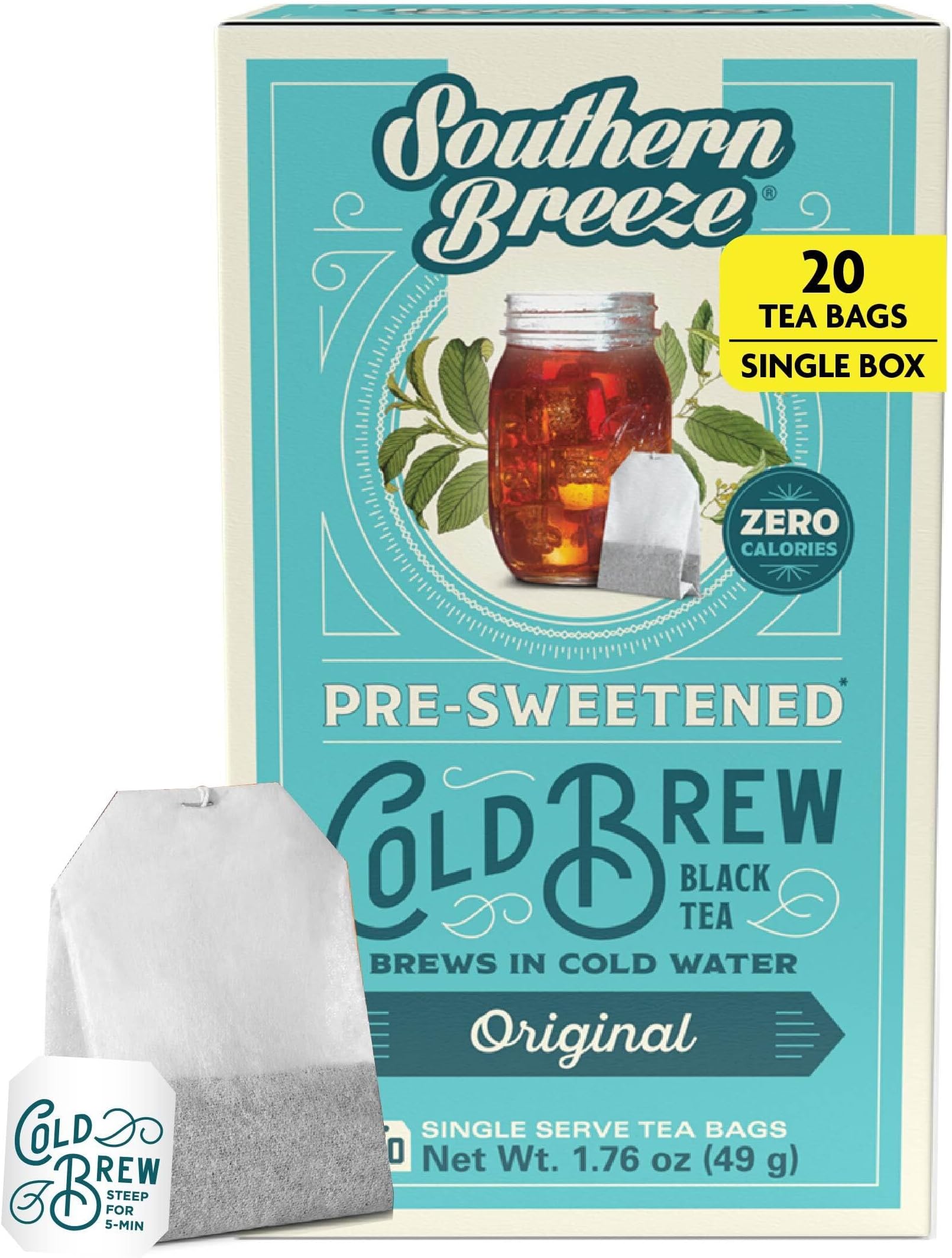 Cold Brew Sweet Tea Original Iced Tea with Black Tea and Zero Carbs Zero Sugar, 20 Individually Wrapped Tea Bags Southern Sweet Tea Iced Tea Beverage
