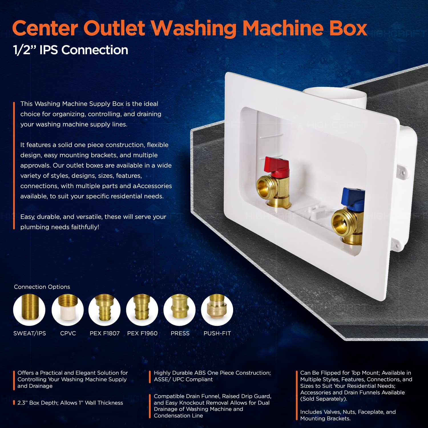 Highcraft TC300-U Lavadora Outlet Box con Válvulas 1/2'' MIP/SWT Blanco ABS