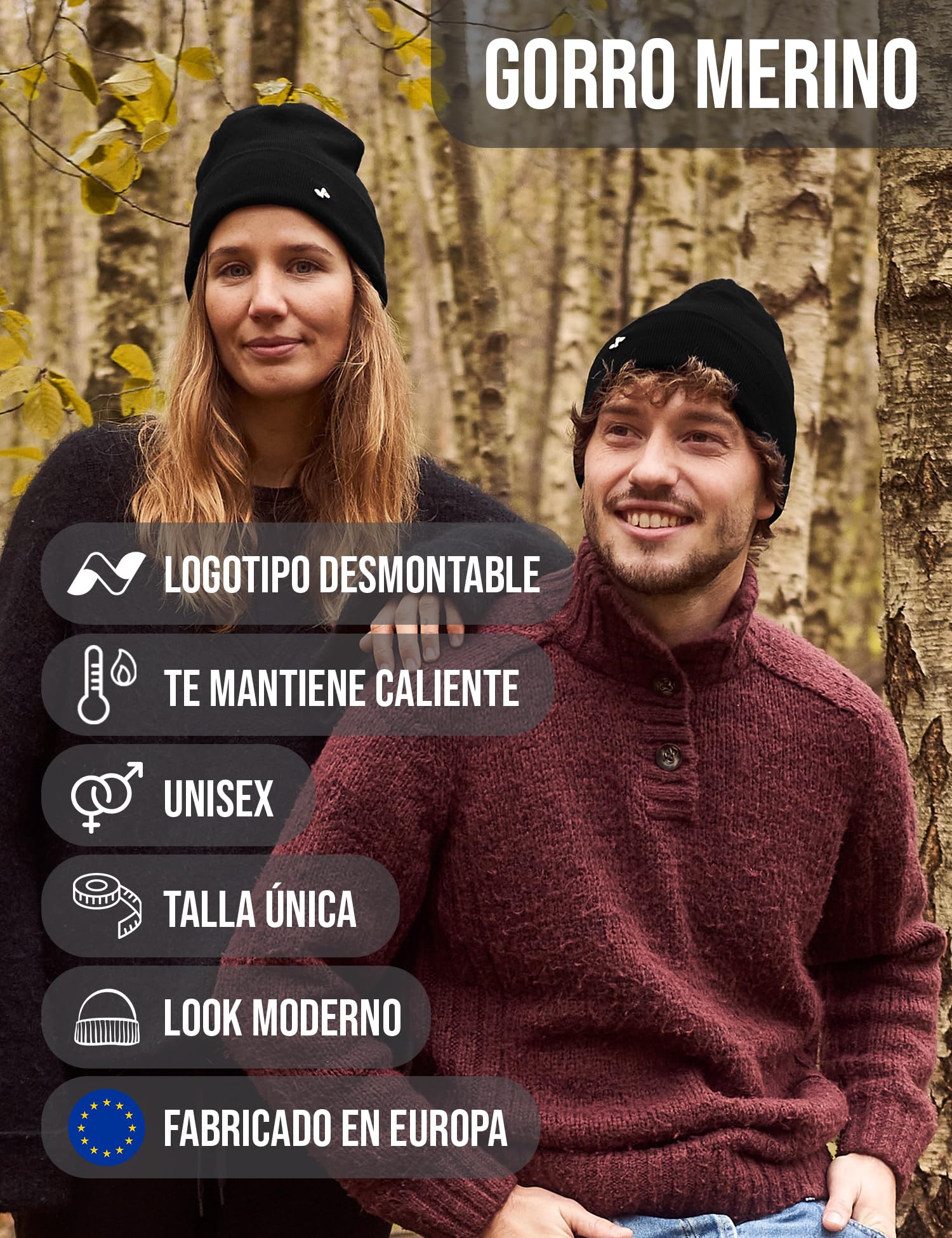 NYTTED® Gorro de Lana Merino Hombre y Mujer | 100% Lana Merino | Gorro de Invierno Cálido, Suave y Elástico | Gorro Punto Unisex | Made in Europe