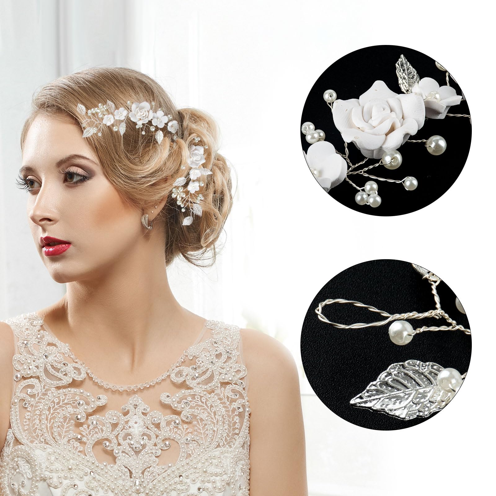 SSKHE Flower Bride Wedding Hair Vine Bride Wedding Pearl Hair Accessories Crystal Headpieces Flower Headband Bridal Pieces Girl Accessories Silver - Image 3