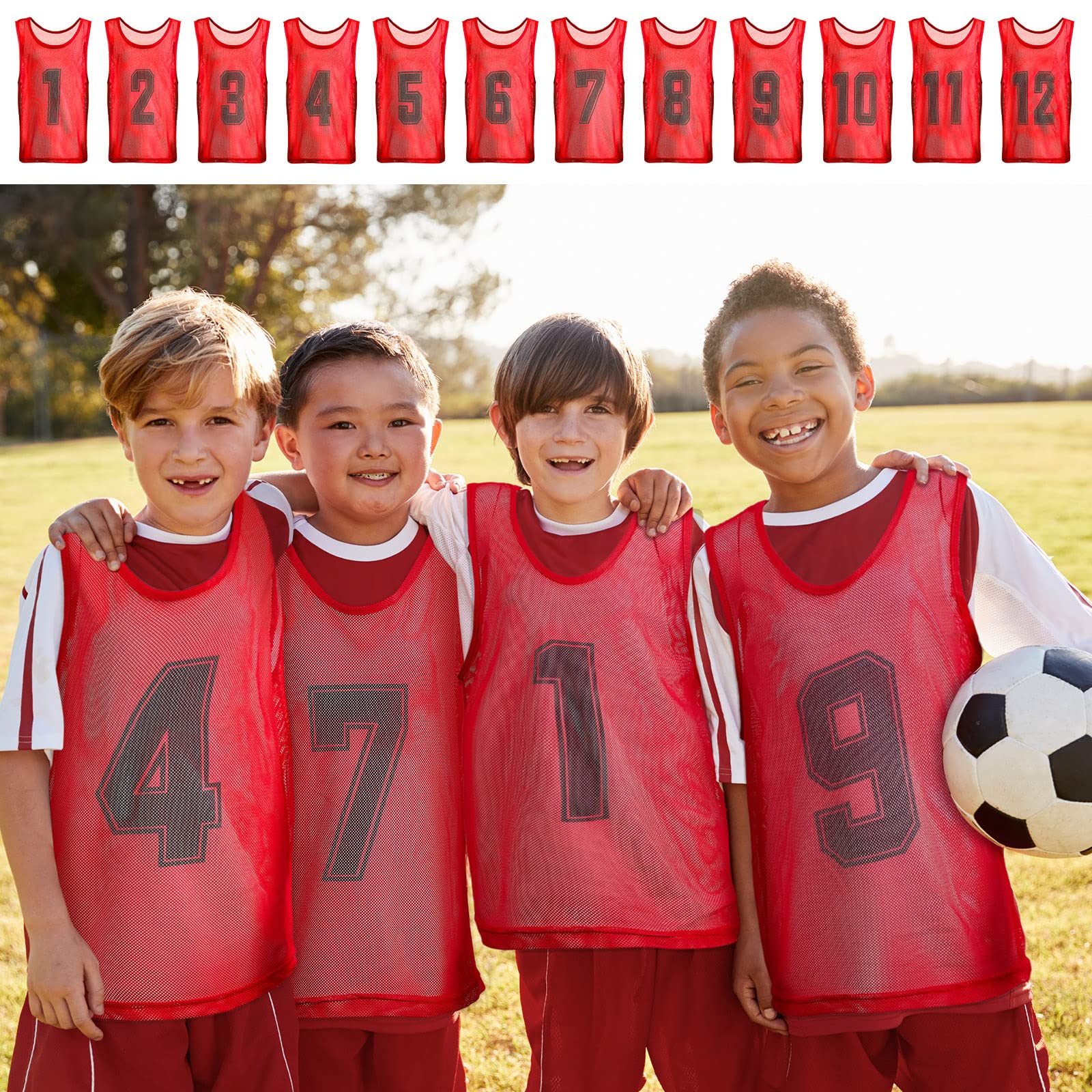 24 Pieces Pennies Youth for Sports Mesh Youth Football Practice Jersey for Kids Reversible Numbered Football Soccer Jerseys for Boys Team Pinnies Scrimmage Vests (Red, Blue)