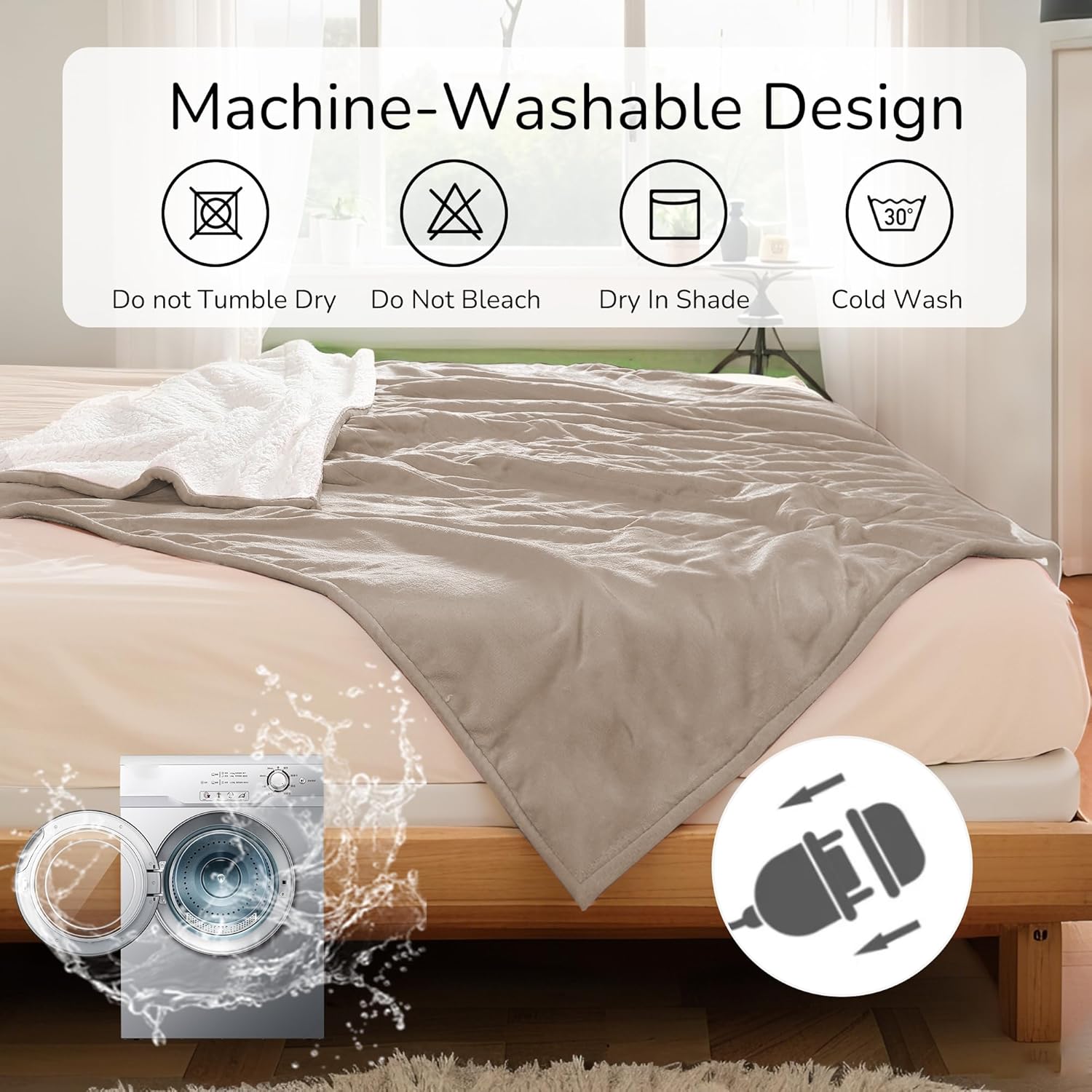 Electric Heated Blanket King Size 90"x100" - Dual-Sided with Microplush & Sherpa Fabric, 4 Heat Settings & 10 Hours Auto Off, Machine Washable - Light Brown - Image 4