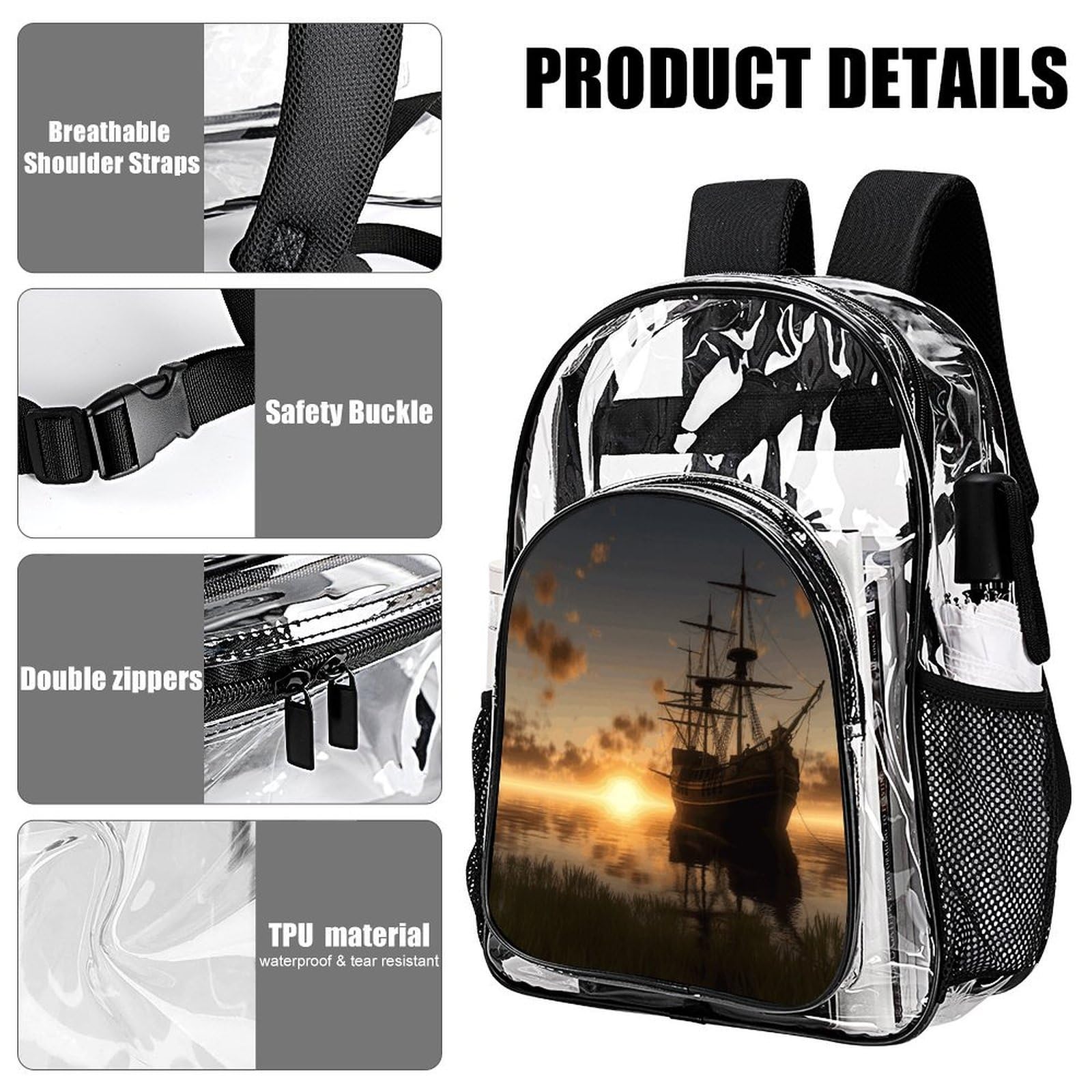 Transparenter Rucksack mit Motiv "Ship in The Lake Sunset", groß, transparent, PVC, Büchertasche für Sicherheit, Arbeit, Reisen, Stadion