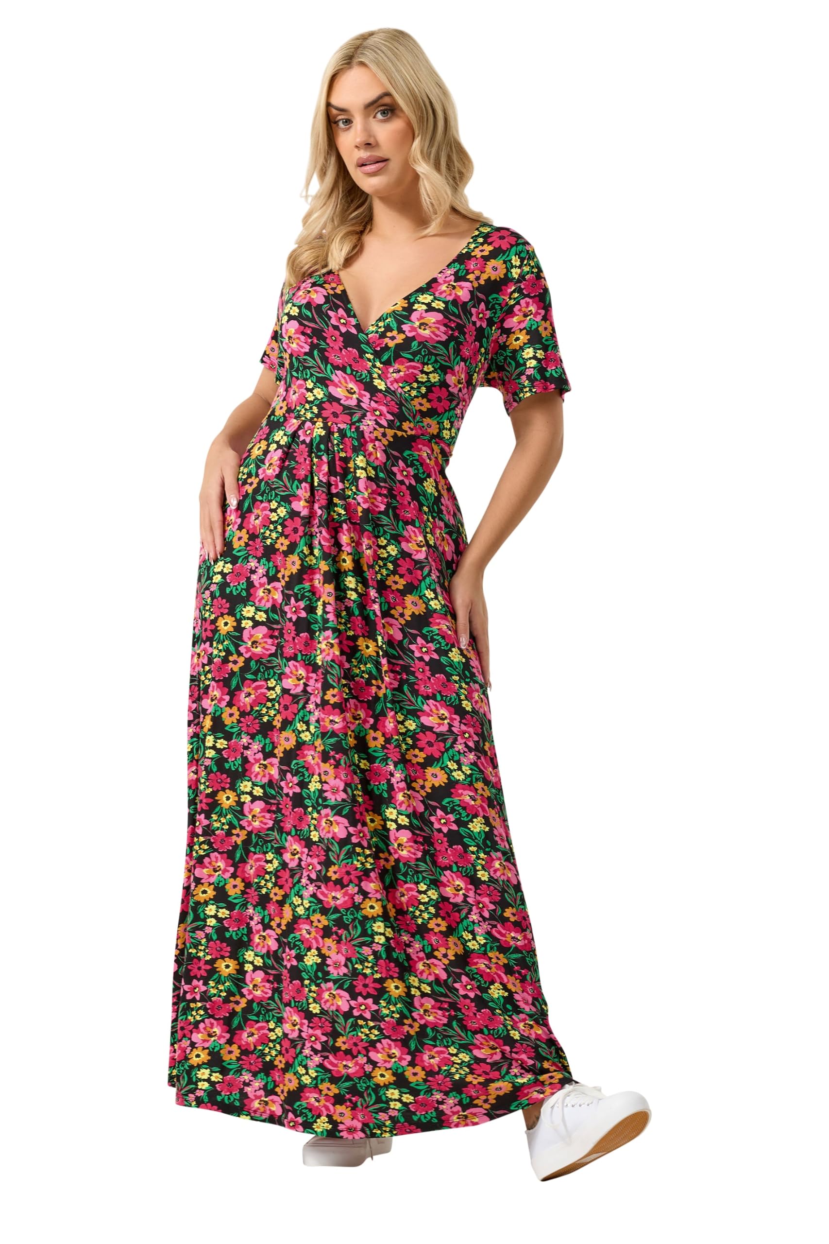Yours Women's Black Curve & Pink Floral Print Wrap Dress - Plus Size Curve