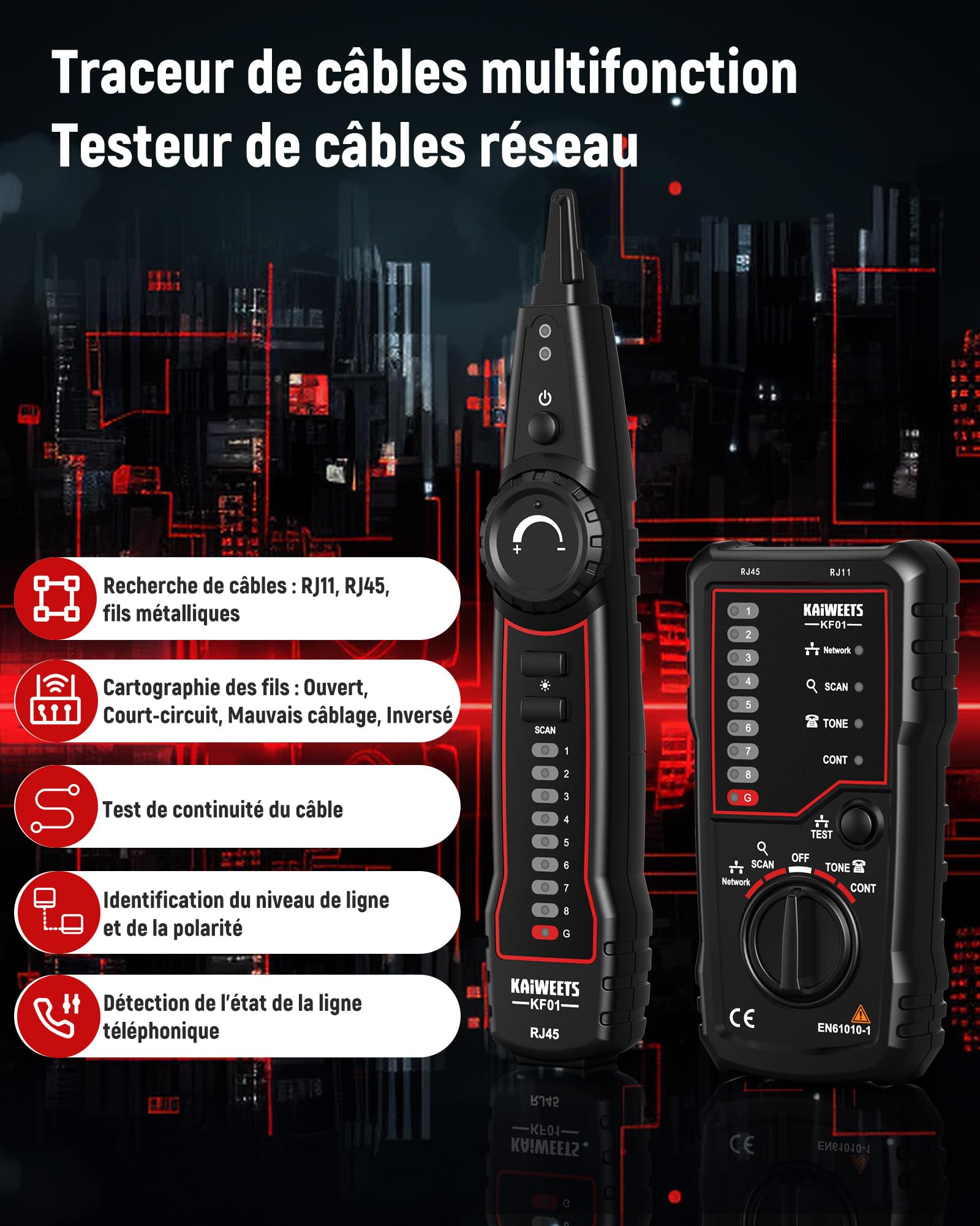 KAIWEETS traceur de cable – Testeur de câbles RJ45 RJ11, câble téléphonique et câble LAN, pour traçage, test de ligne et test de continuité