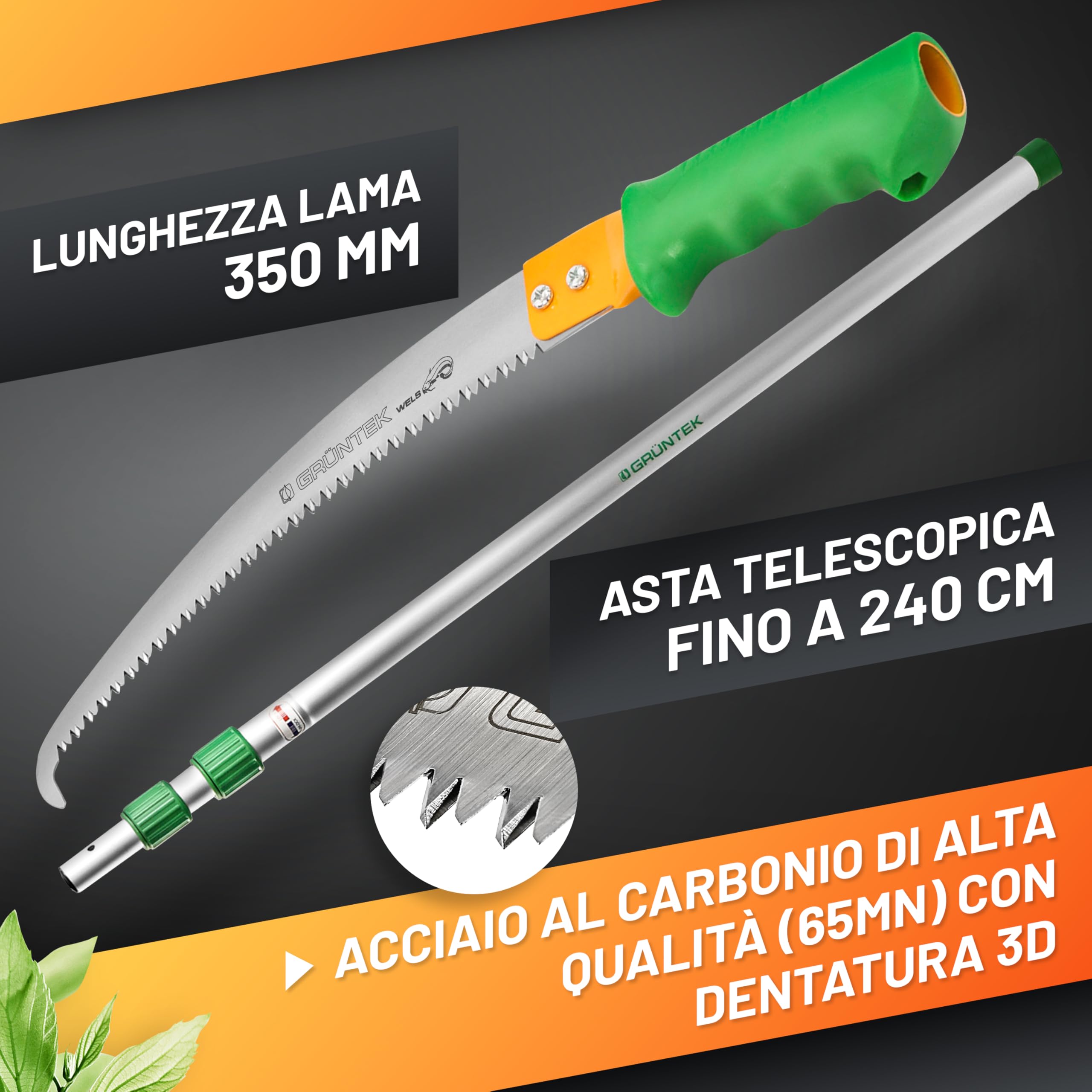 GRÜNTEK Seghetto per Potatura con Pertica Telescopica 100-240 cm. Sega da Giardino Compatibile con svettatoio B096Y5T5VT