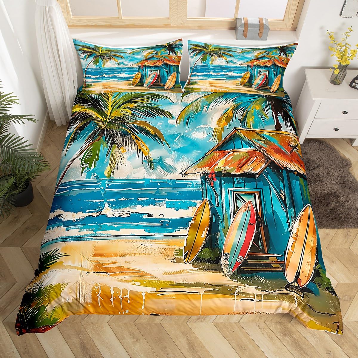 Erosebridal Surf Twin Bedding Set,Surfboard Surfer Surfing Duvet Cover,Hawaiian Palm Tree Bed Set for Kids Boys Girls,Coastal Beach Ocean Quilt Cover 2Pcs Room Decor (No Comforter)