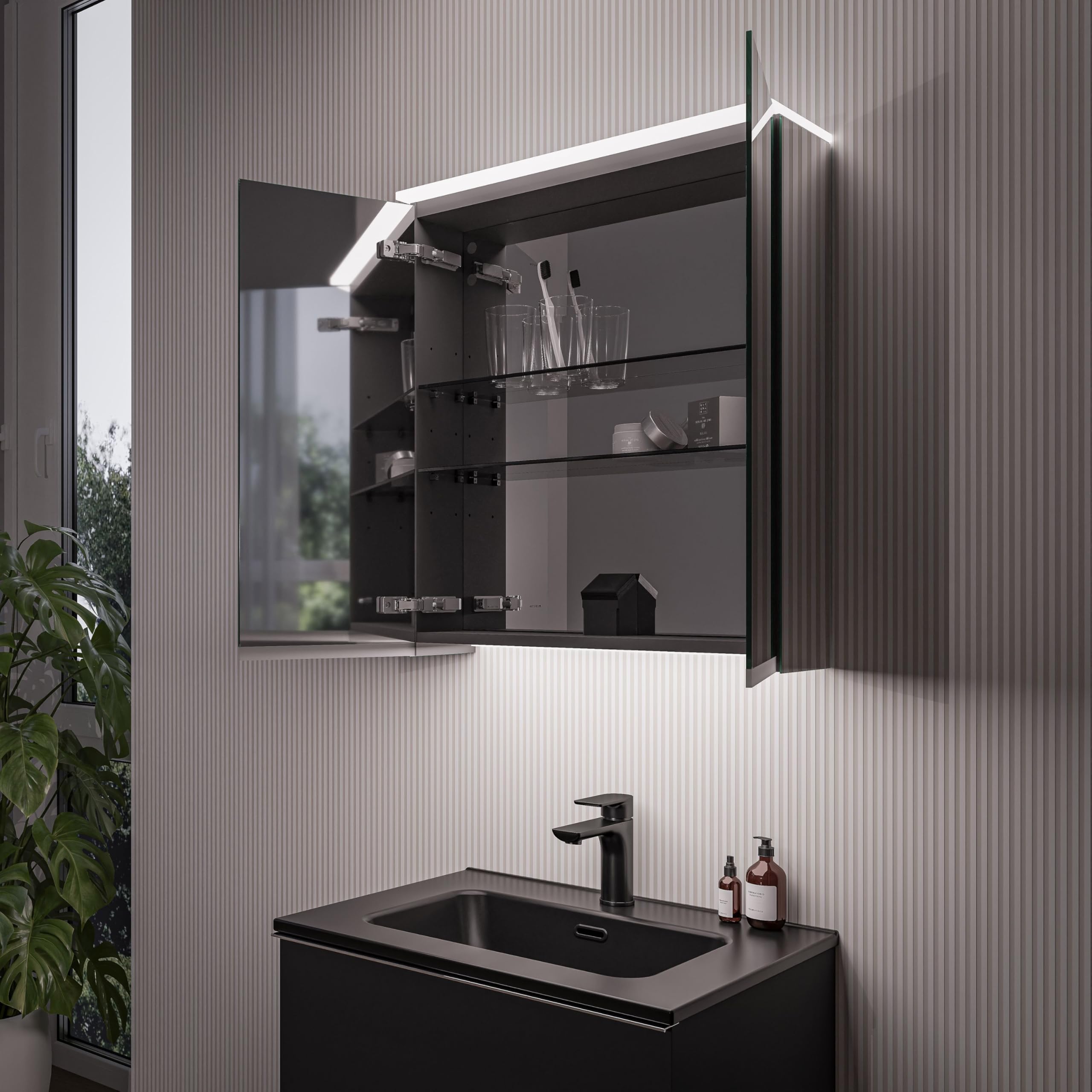 Bernstein LED-Spiegelschrank VARO 3-Türig 100cm – Badezimmerspiegel mit Waschtischbeleuchtung, Innenverspiegelung, Steckdose, Soft-Close-Türen, Wandmontage – Badezimmerbeleuchtung & Badspiegel