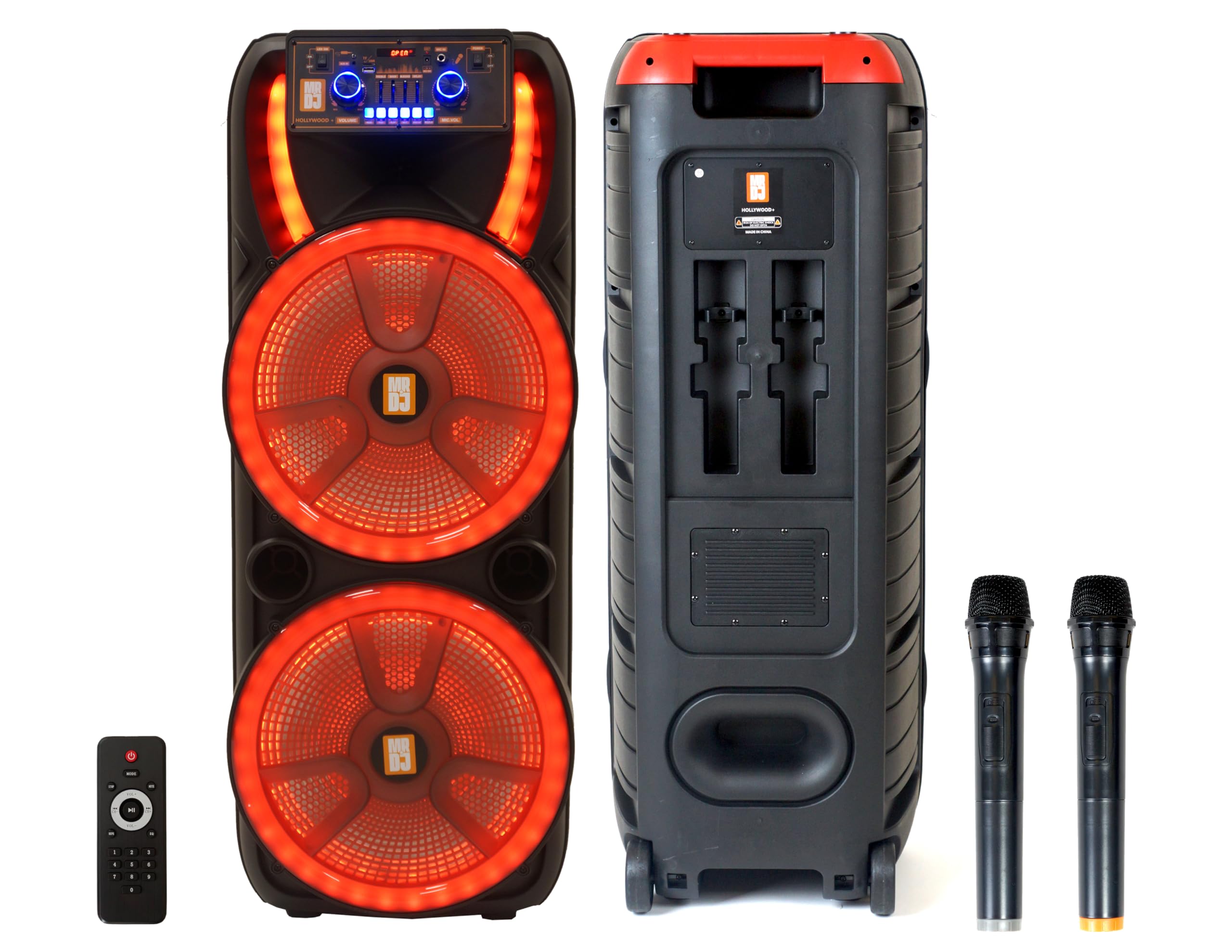 MR DJ Hollywood+ Dual 38.1 cm Wiederaufladbare Tragbare Bluetooth Karaoke Lautsprecher Party Flamme Lichter mit 2 Wireless Mikrofon TWS USB FM Radio