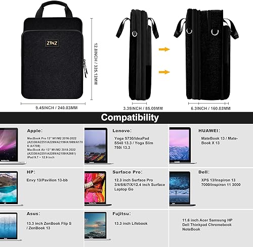 Miniatura 2 de ZINZ Funda delgada y expandible de 12.9 pulgadas, bolsa de hombro para laptop de viaje para MacBook Air de 13 pulgadas M3M2M1, MacBook Pro de 13