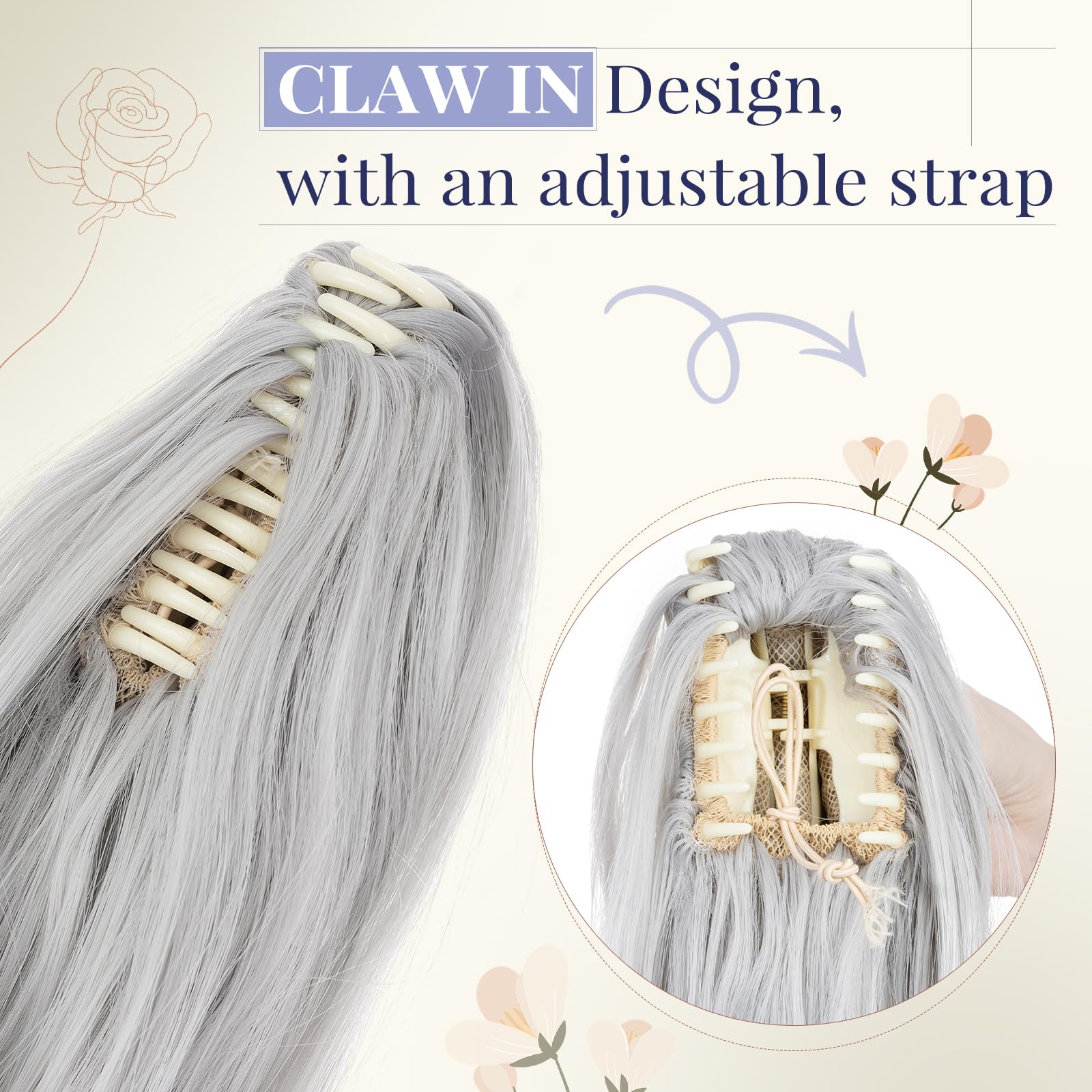 TESS 24'' Curly Ponytail Extensions, 210g Claw in Long Ponytail, Hair Pieces for Women Silver Grey, 24 Inch (curly) - Image 4