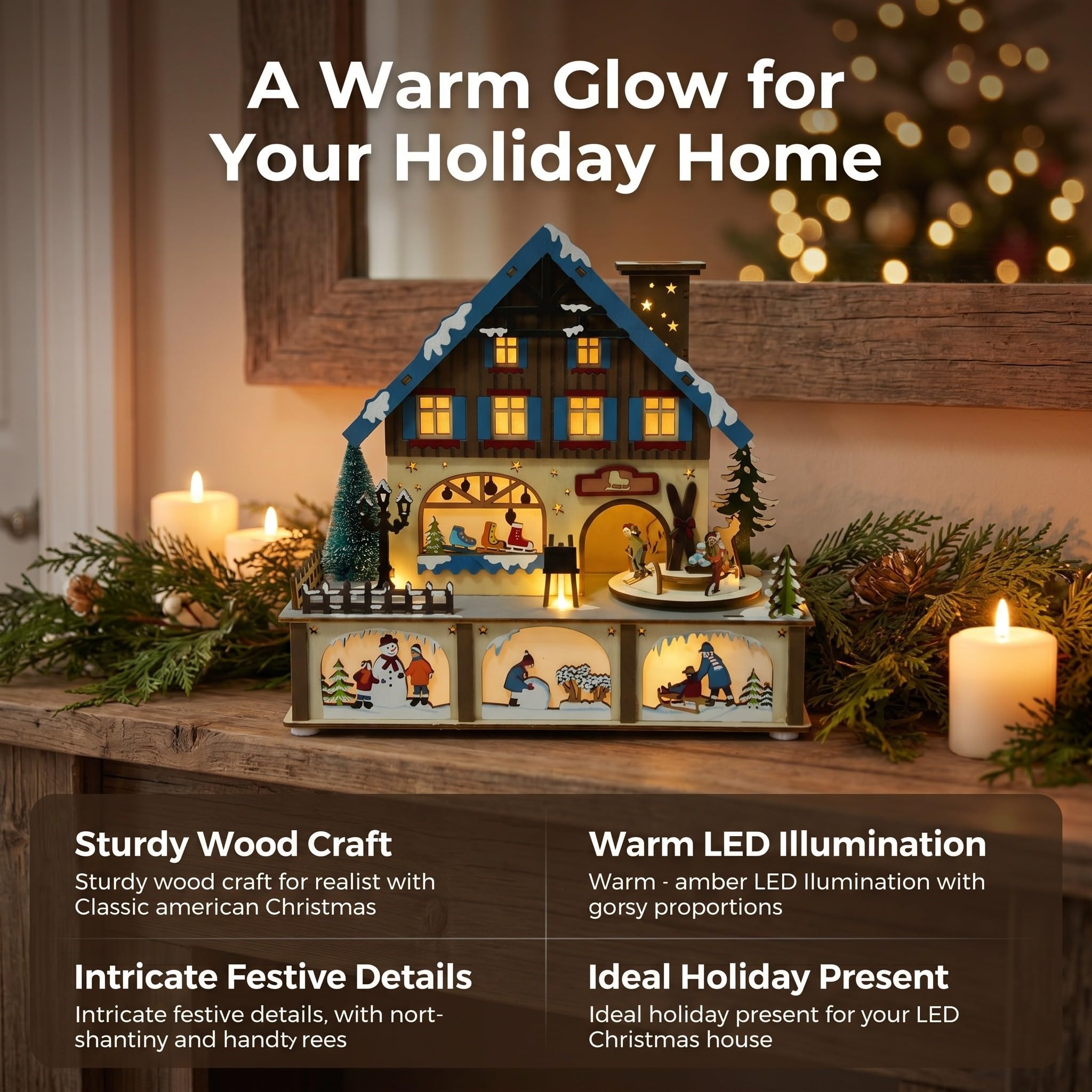 NUOBESTY Weihnachtliche LED Holzhaus Dekoration mit Beleuchtung Handgefertigtes Kleines Haus für Stimmungsvolle Weihnachtsatmosphäre im Wohnzimmer oder Schlafzimmer