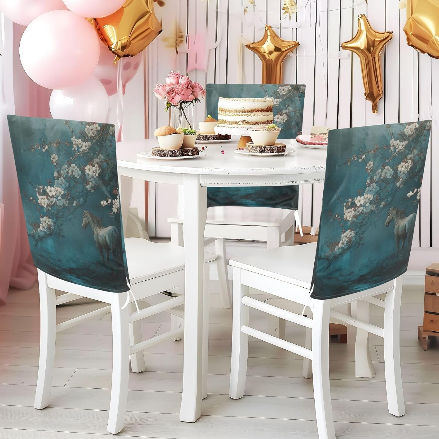 ALAZA Horse Flowers Chair Back Cover Set of 6, Washable Reusable Removable Chair Slipcovers Decorative Chair Cover for Home Kitchen Wedding Party