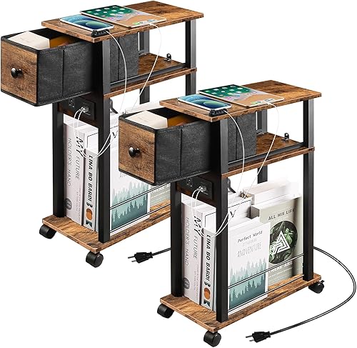 Juego de 2 mesas auxiliares, mesa auxiliar con estación de carga y cajón, mesa auxiliar estrecha con puertos USB y salidas para espacios pequeños,