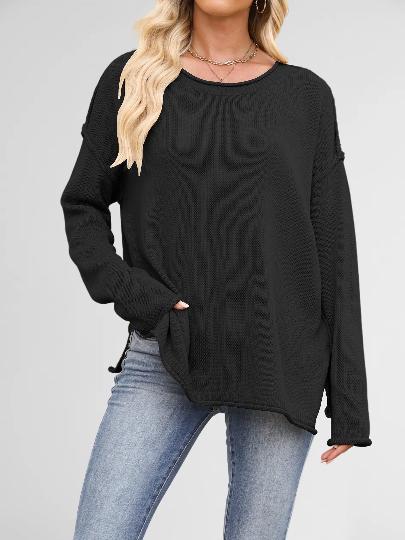 Luźne Swetry Damskie, Luźne, z Długim Rękawem i Okrągłym Dekoltem, Dzianinowe, Przytulne, Swetry Pullover Czarny S