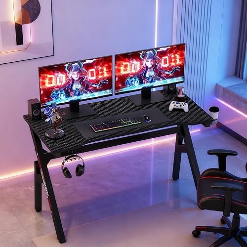 Dkelincs 47 inch Gaming Desk Computer Desk Office Desk Extra Large Carbon Fiber Surface with Cup Holder and Headphone Hook Black Red Workstation for Gamers and Home Office (red)