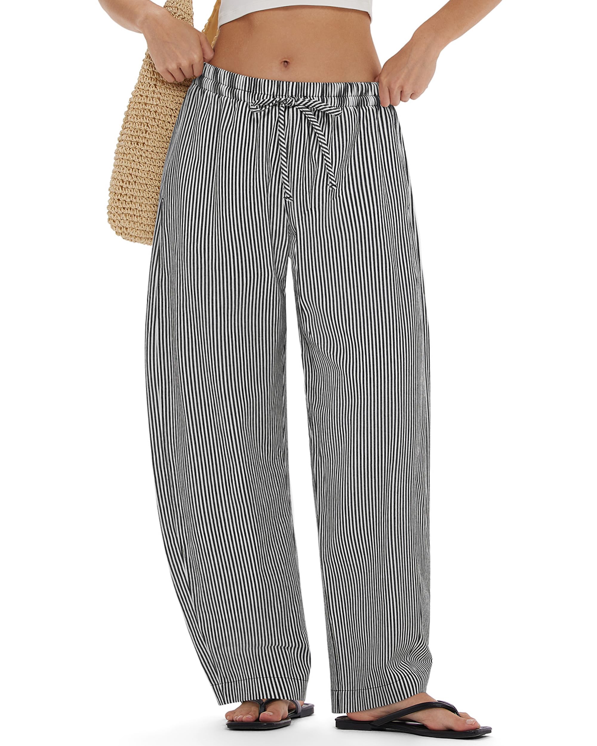 MOOSLOVER Women Linen Lightweight Barrel Pants Drawstring Comfort Casual Lounge Pants Baggy Loose Ankle Pants with Pocket