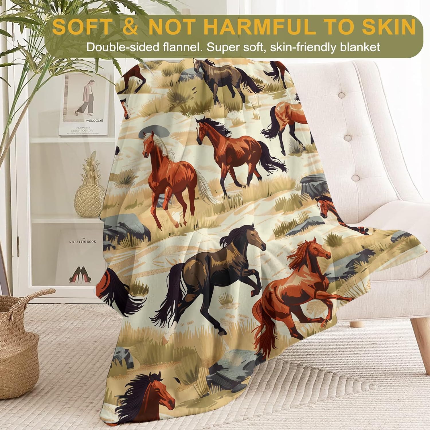 Wild Horse Flannel Blanket - Majestic Running Horses in Desert Throw,Gifts for Women & Animal Lovers, Ultra Soft & Warm,Lightweight, for Couch Bedroom Living Room Decor & Travel 50x60in